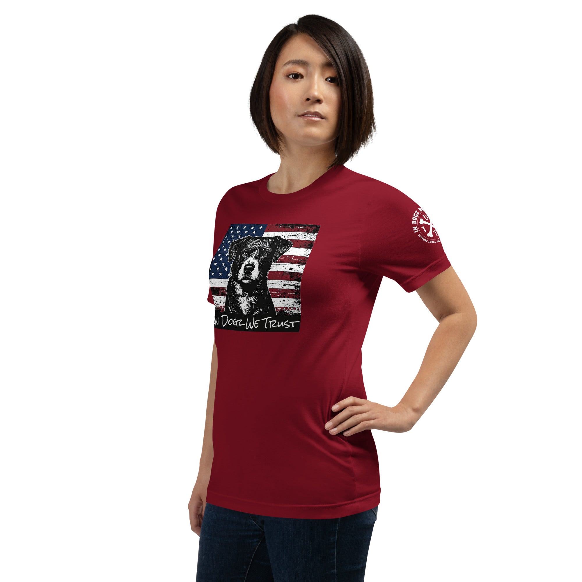 The "American Dream" Mixed-Breed: Unisex Tee - Cardinal Red - In Dogz We Trust - Female Model - Left Side View