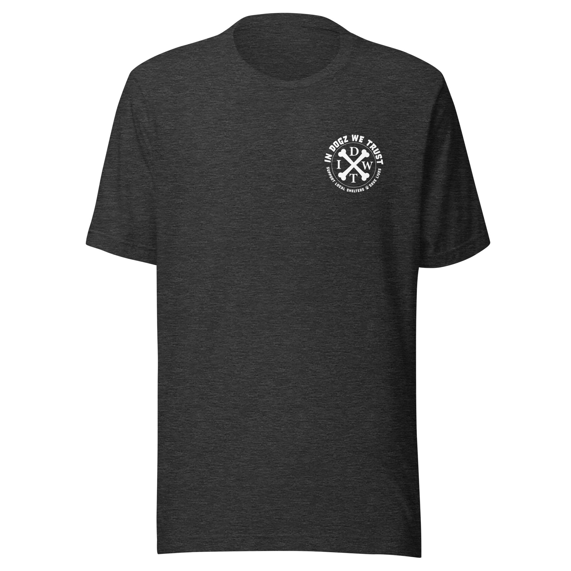 AZ Support Local Shelters Tee - Unisex - Dark Grey Heather with White Design - In Dogz We Trust - Front View