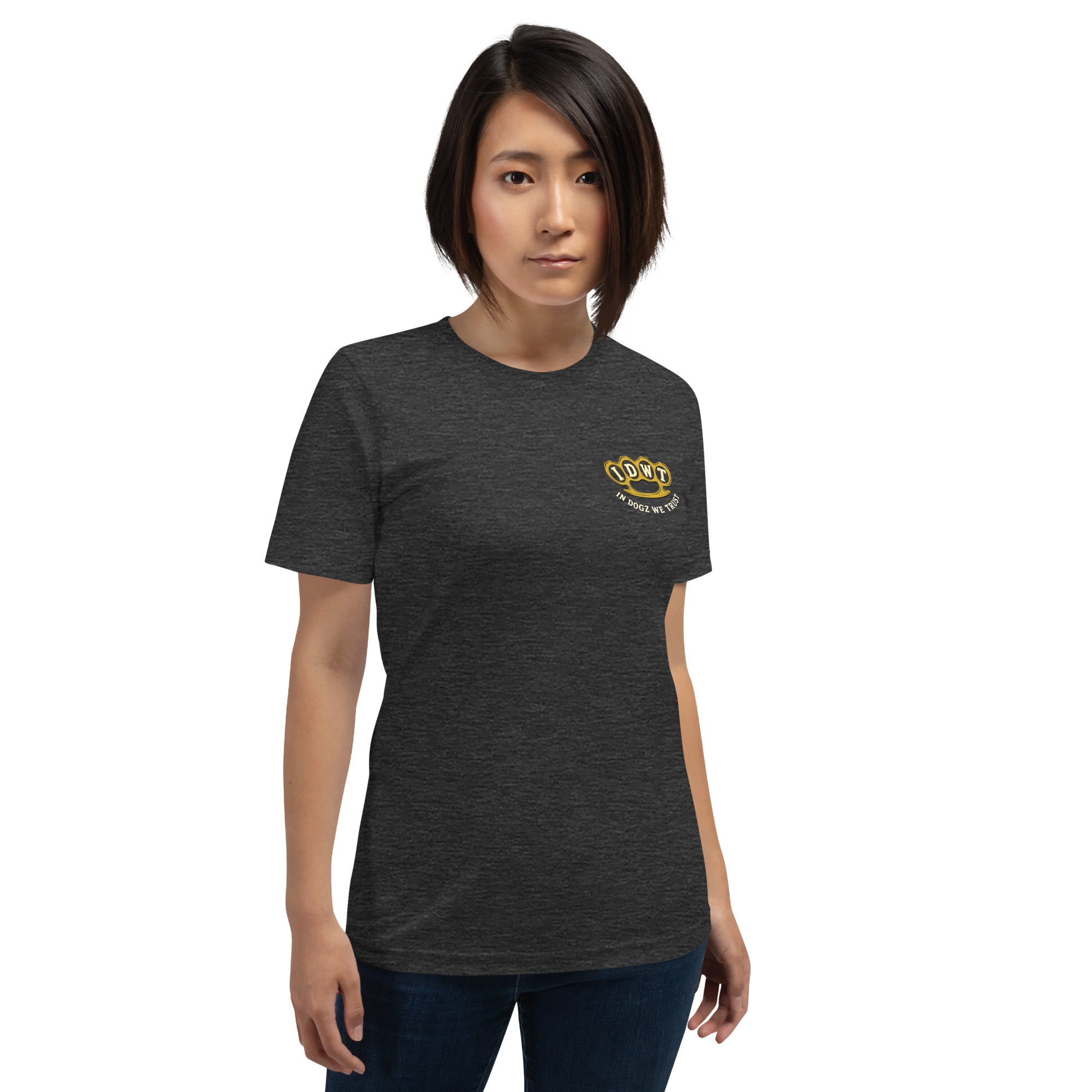 Harm a Dog & Find Out - Dark Grey Heather Unisex T-Shirt - In Dogz We Trust - Female Model - Front View