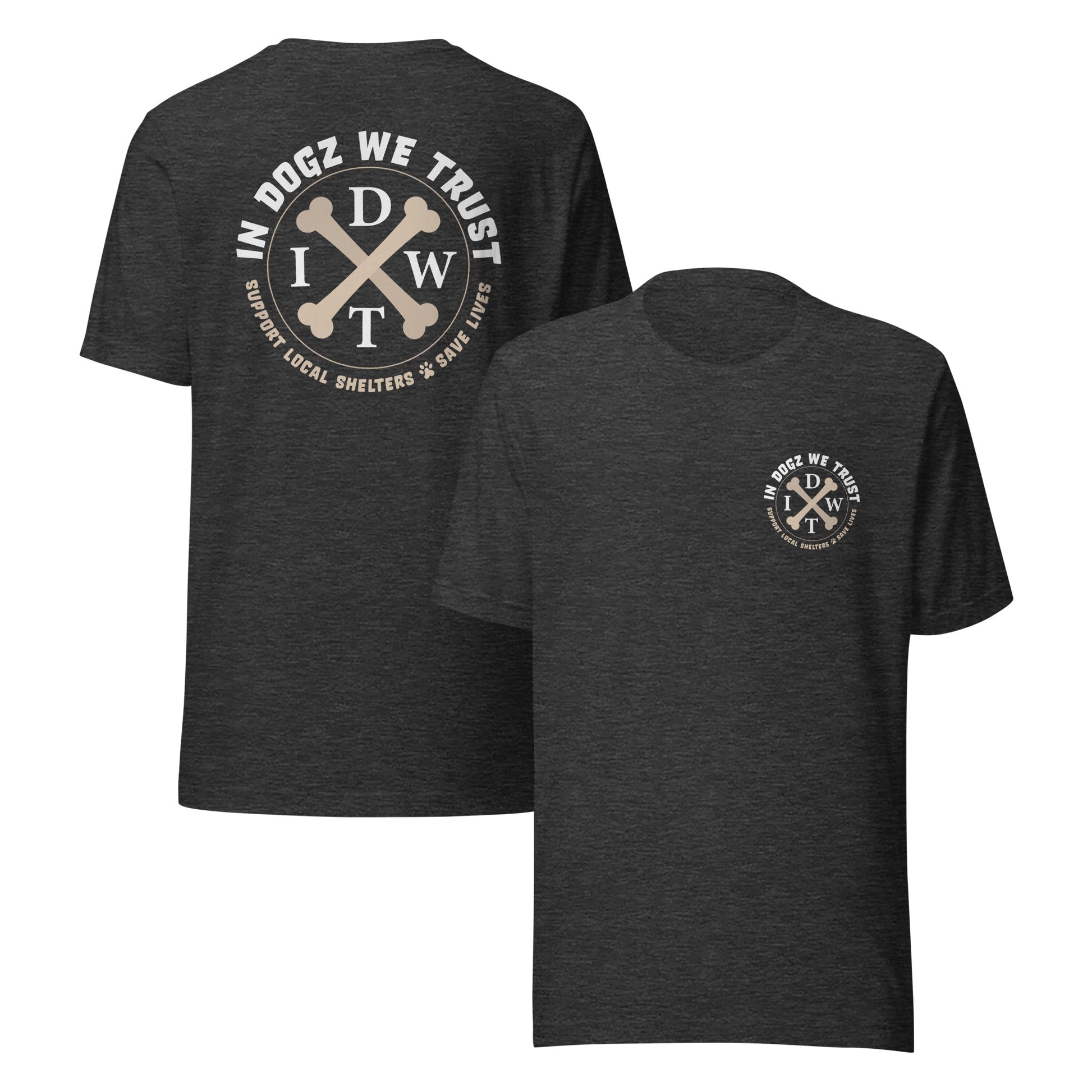 In Dogz We Trust - Crossbones Unisex T-Shirt - Dark Grey Heather - Front & Back View