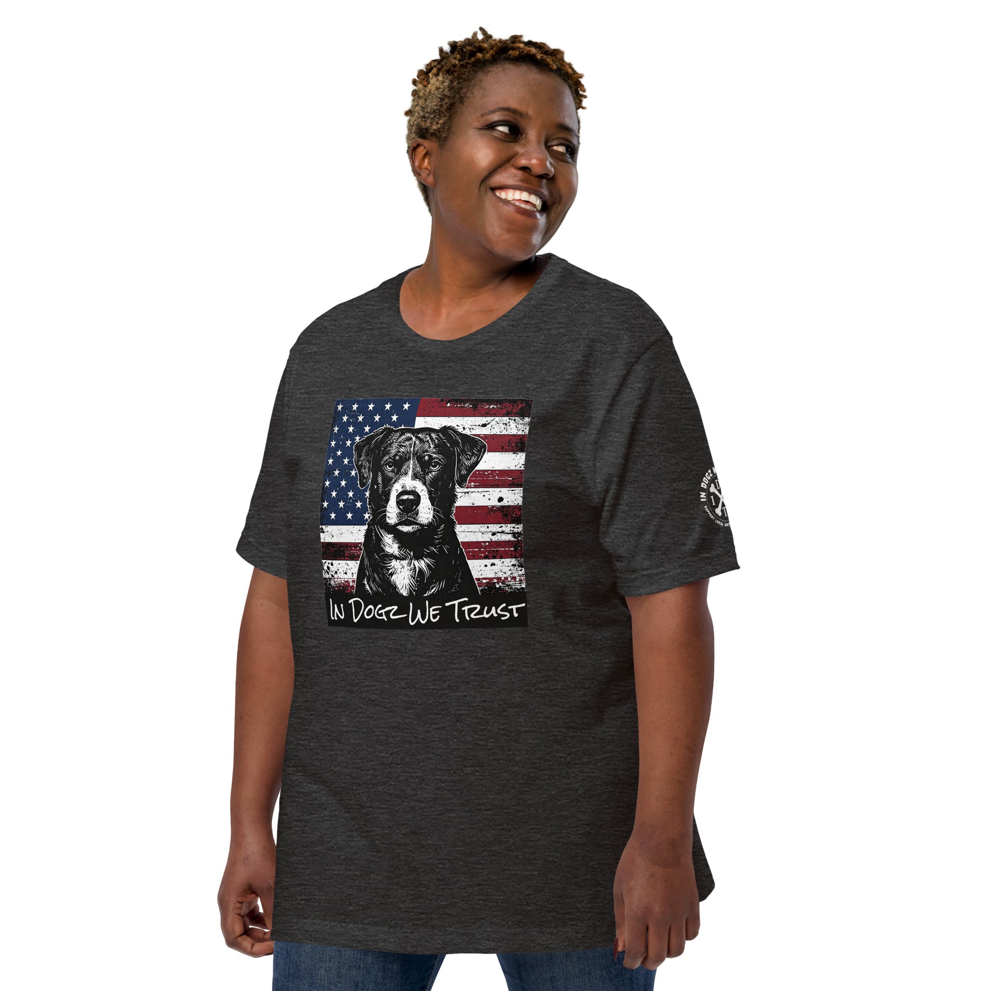 The "American Dream" Mixed-Breed: Unisex Tee - Navy Blue - In Dogz We Trust - Plus Size Female Model - Front View