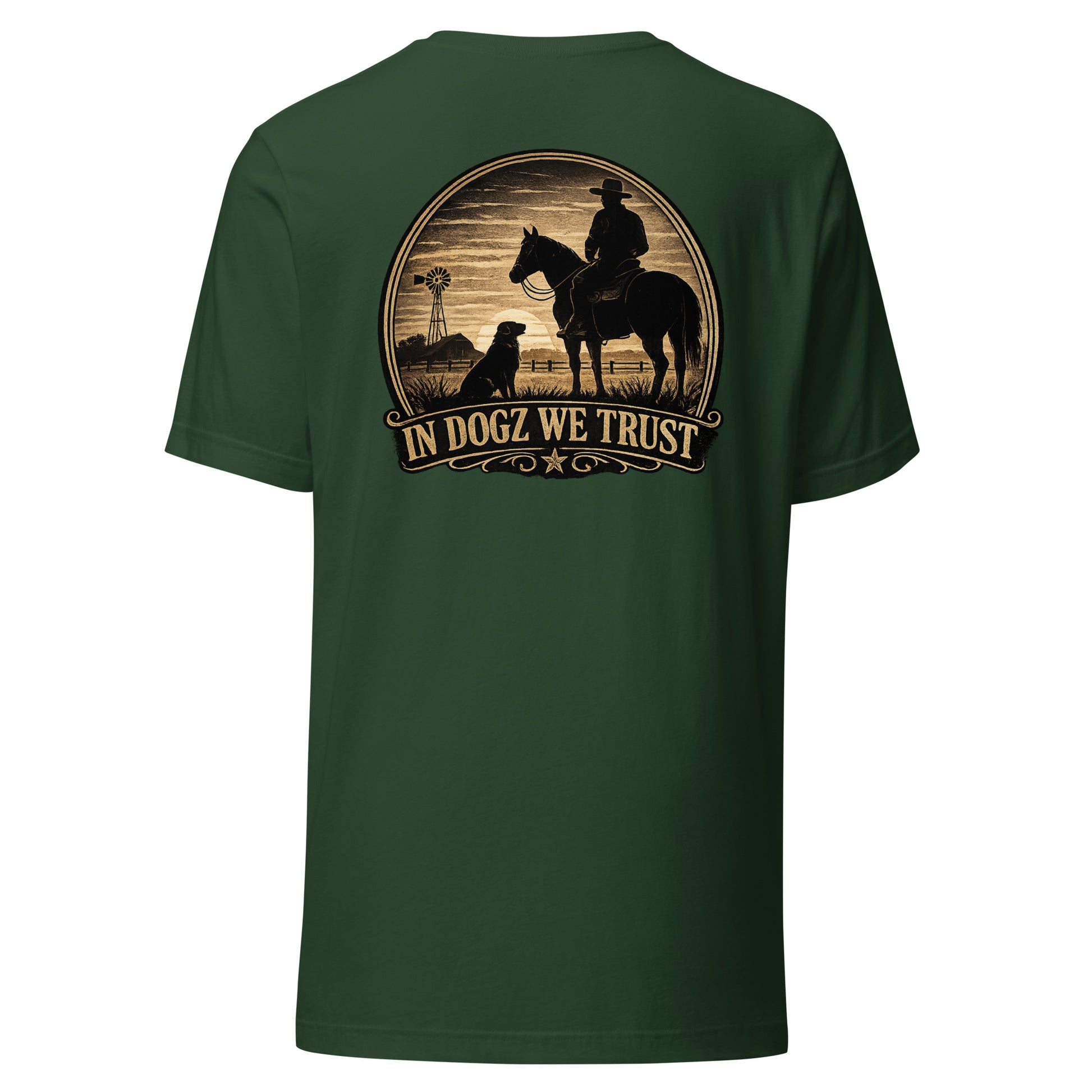 Frontier Faithful - Men's T-Shirt - Forest Green with Horse Rider and Dog Design - In Dogz We Trust - Back View