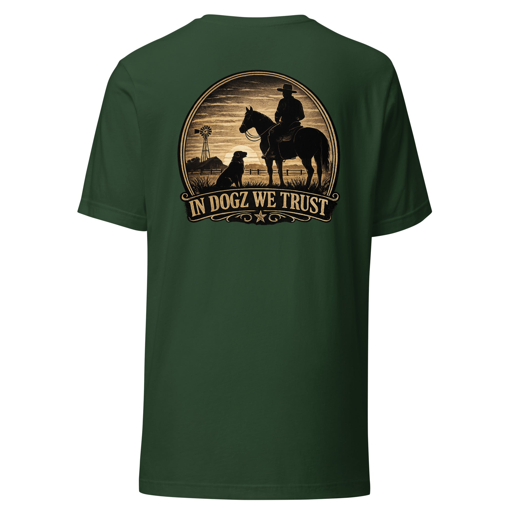 Frontier Faithful - Men's T-Shirt - Forest Green with Horse Rider and Dog Design - In Dogz We Trust - Back View