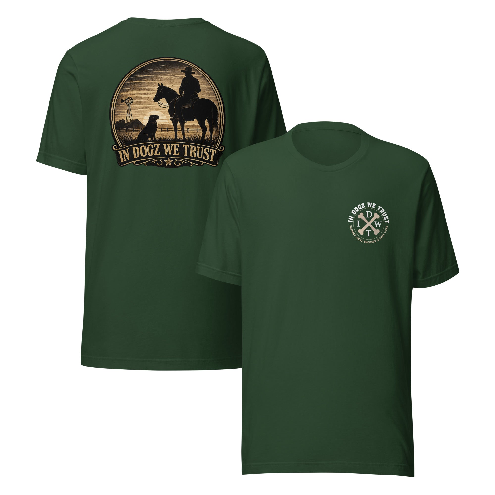 Frontier Faithful - Men's T-Shirt - Forest Green Brown with Horse Rider and Dog Design - In Dogz We Trust - Front & Back View