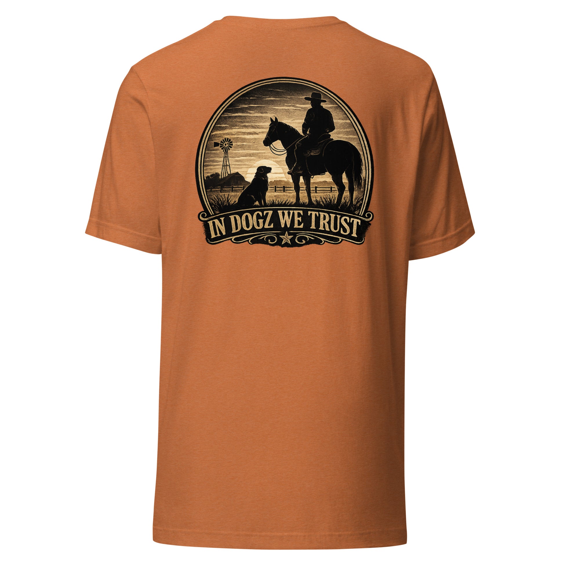 Frontier Faithful - Men's T-Shirt - Heather Autumn Orange with Horse Rider and Dog Design - In Dogz We Trust - Back View