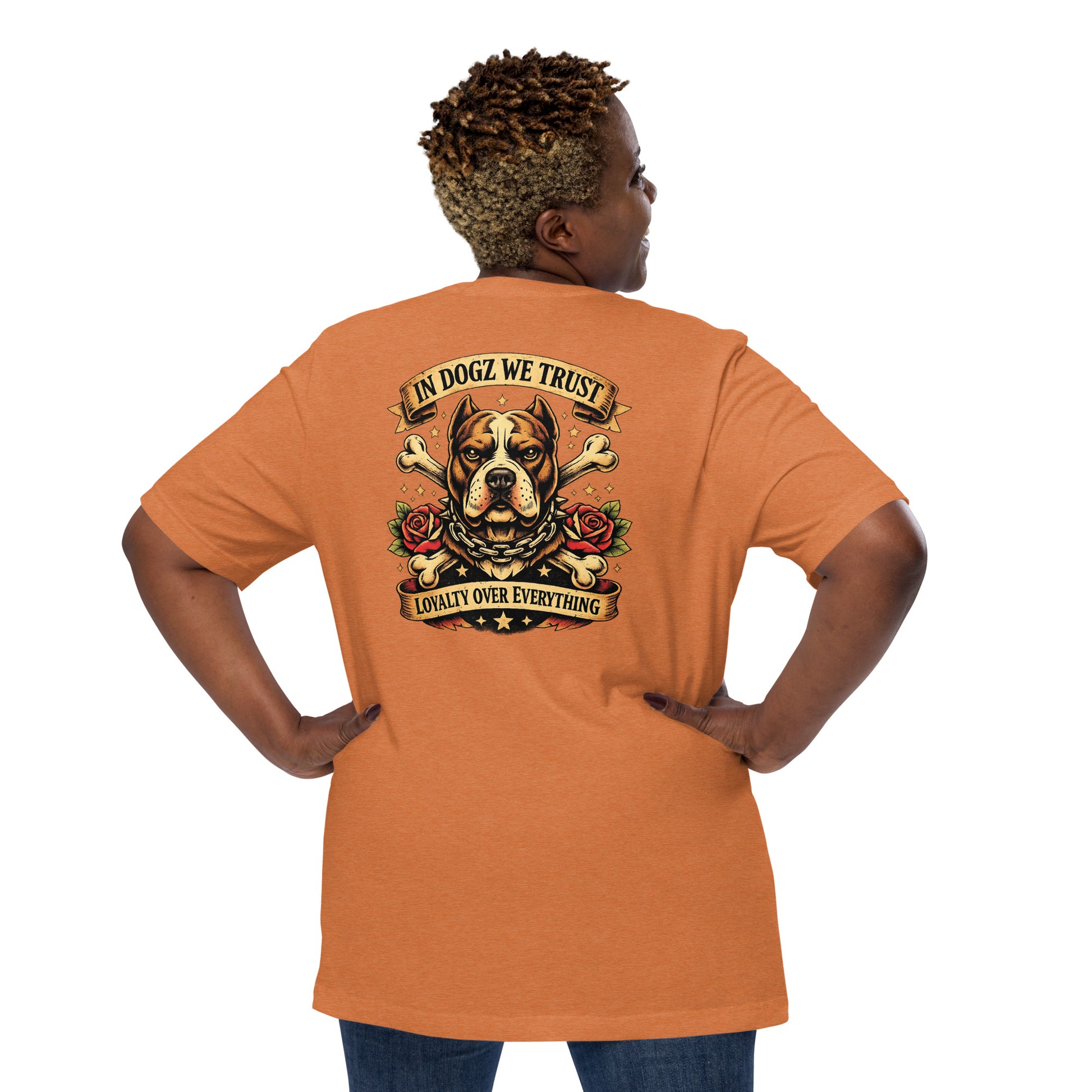 Loyalty Over Everything T-Shirt - In Dogz We Trust - Heather Autumn Orange with Pit Bull & Roses Design - Plus Size Female Model - Back View