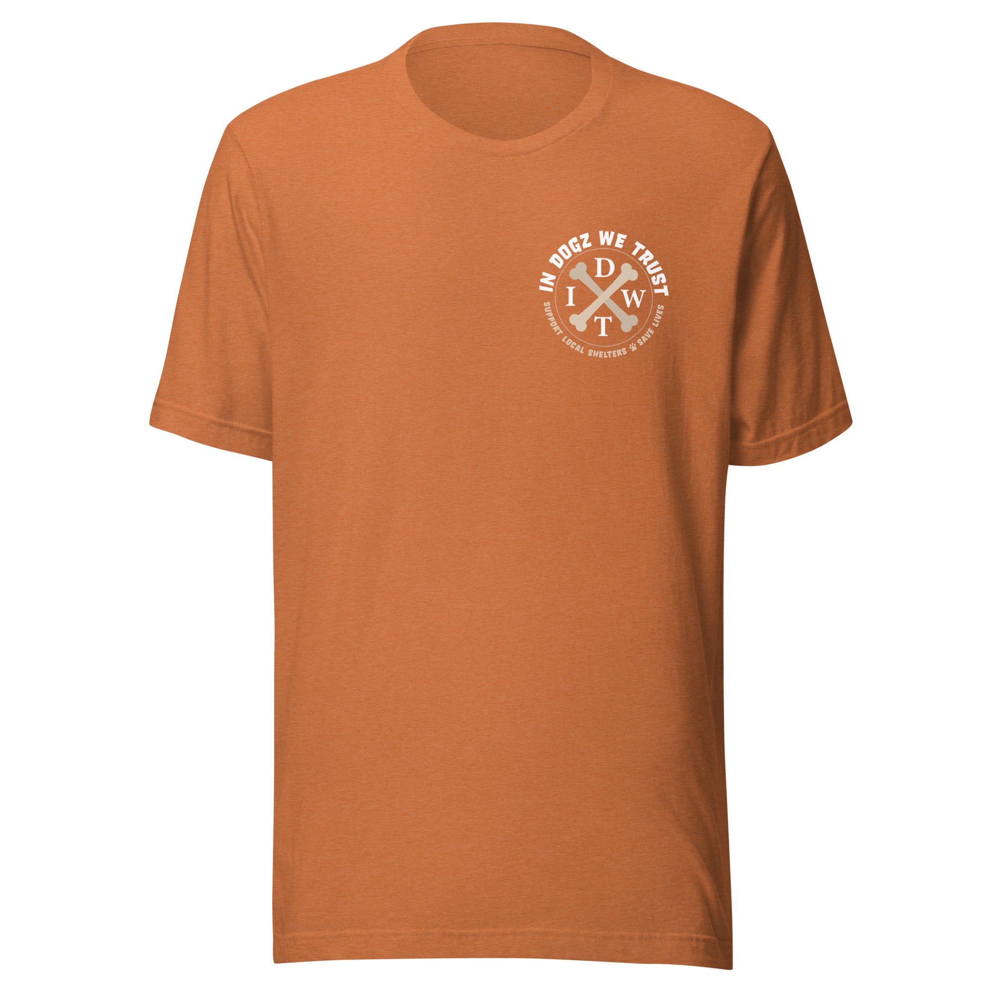 Love Dogz. Tolerate Humans. Unisex T-Shirt - Heather Autumn Orange - In Dogz We Trust - Front View
