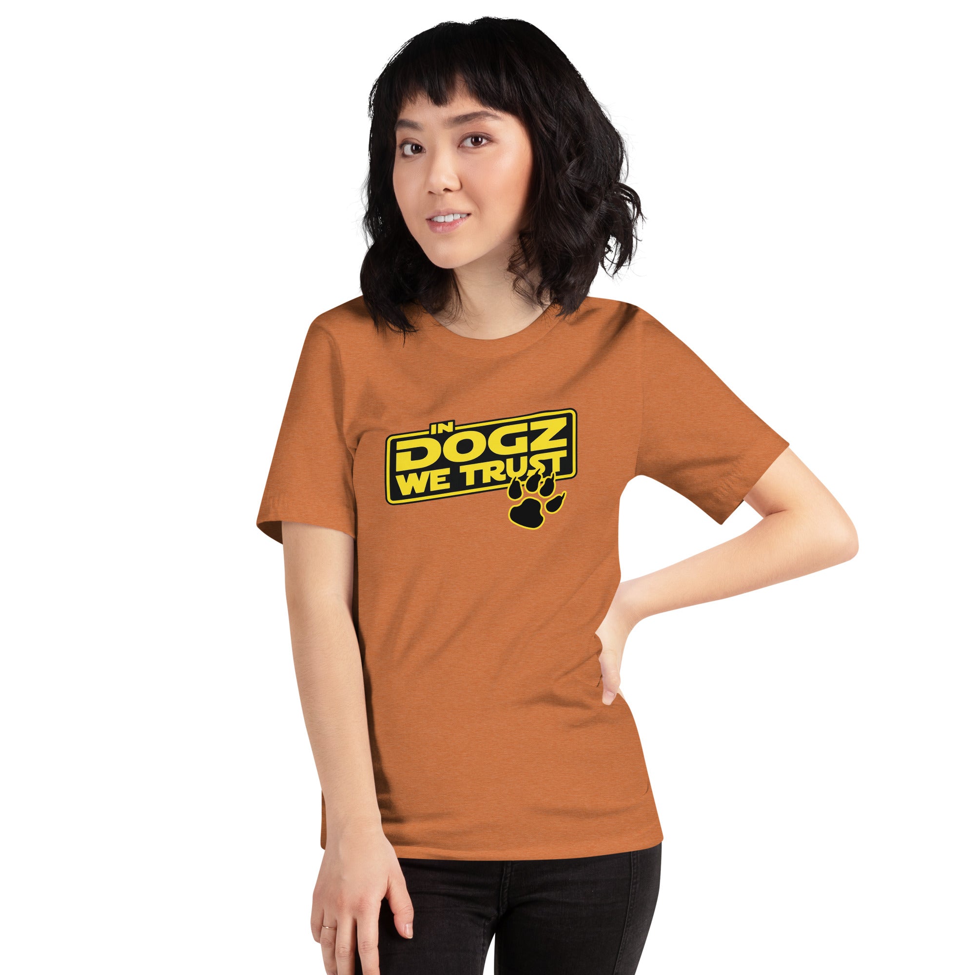 Boba Fettch - Star Wars Inspired Unisex Tee - Heather Autumn Orange - In Dogz We Trust - Female Model