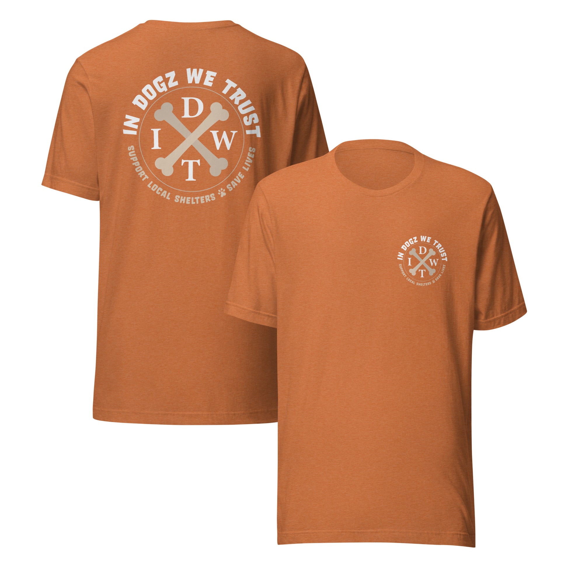 In Dogz We Trust - Crossbones Unisex T-Shirt - Heather Autumn Orange - Front & Back View