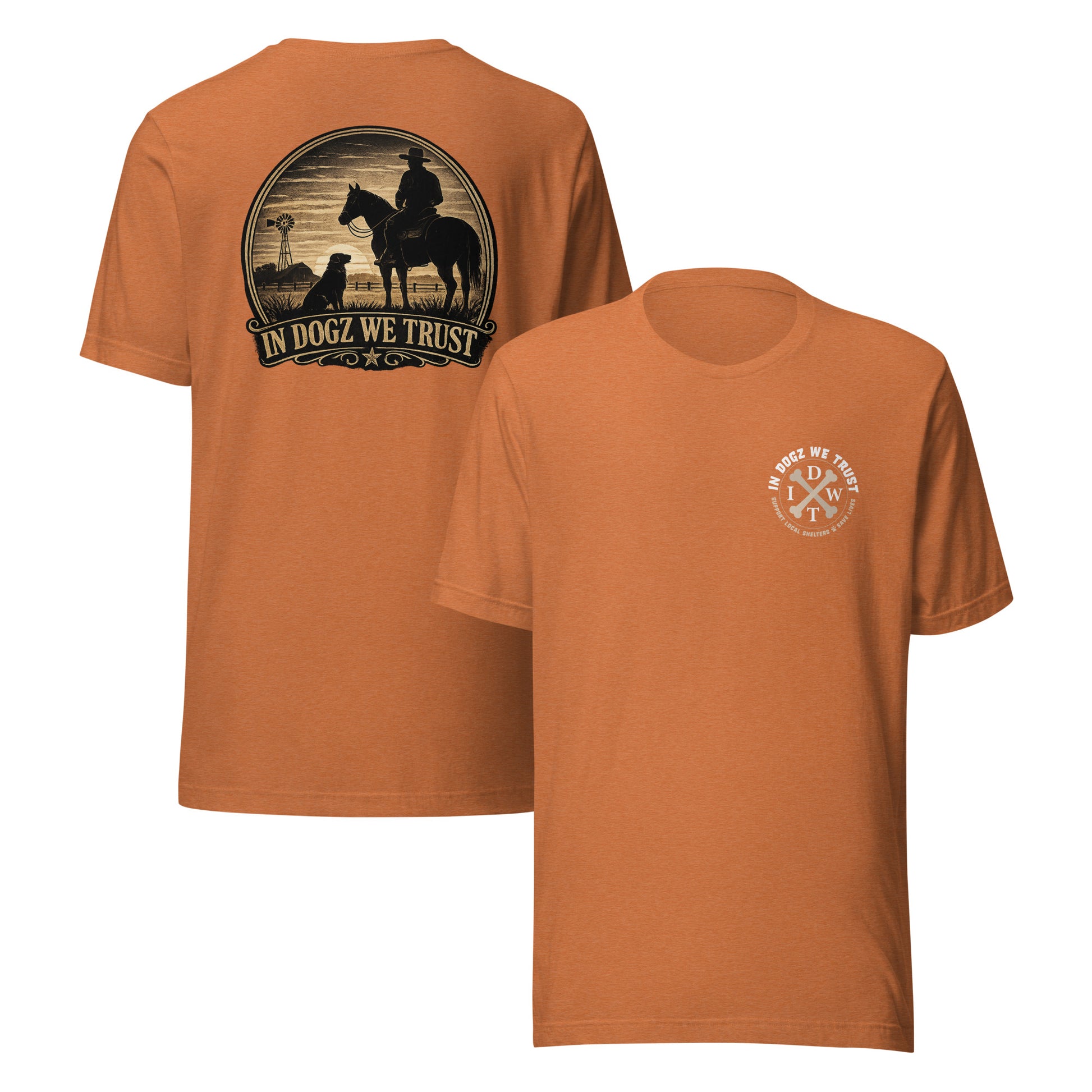 Frontier Faithful - Men's T-Shirt - Heather Autumn Orange with Horse Rider and Dog Design - In Dogz We Trust - Front & Back View