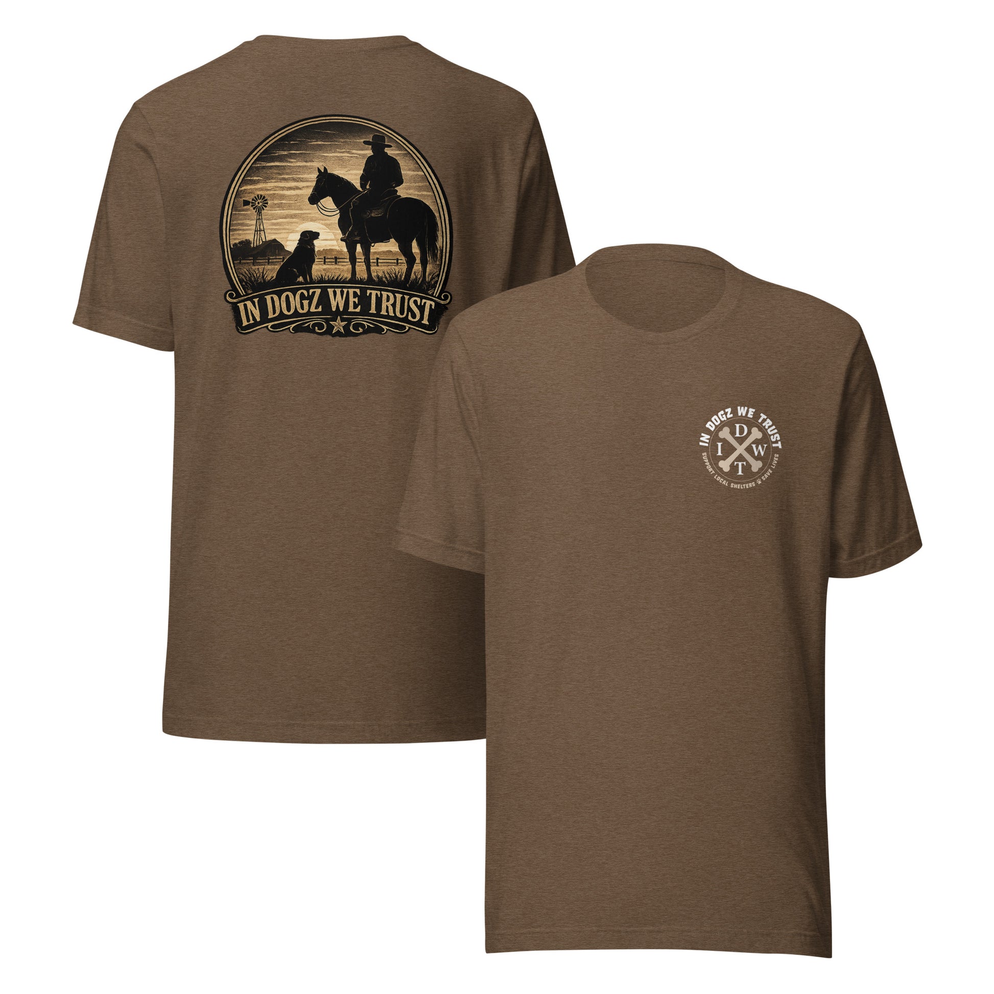 Frontier Faithful - Men's T-Shirt - Heather Brown with Horse Rider and Dog Design - In Dogz We Trust - Front & Back View