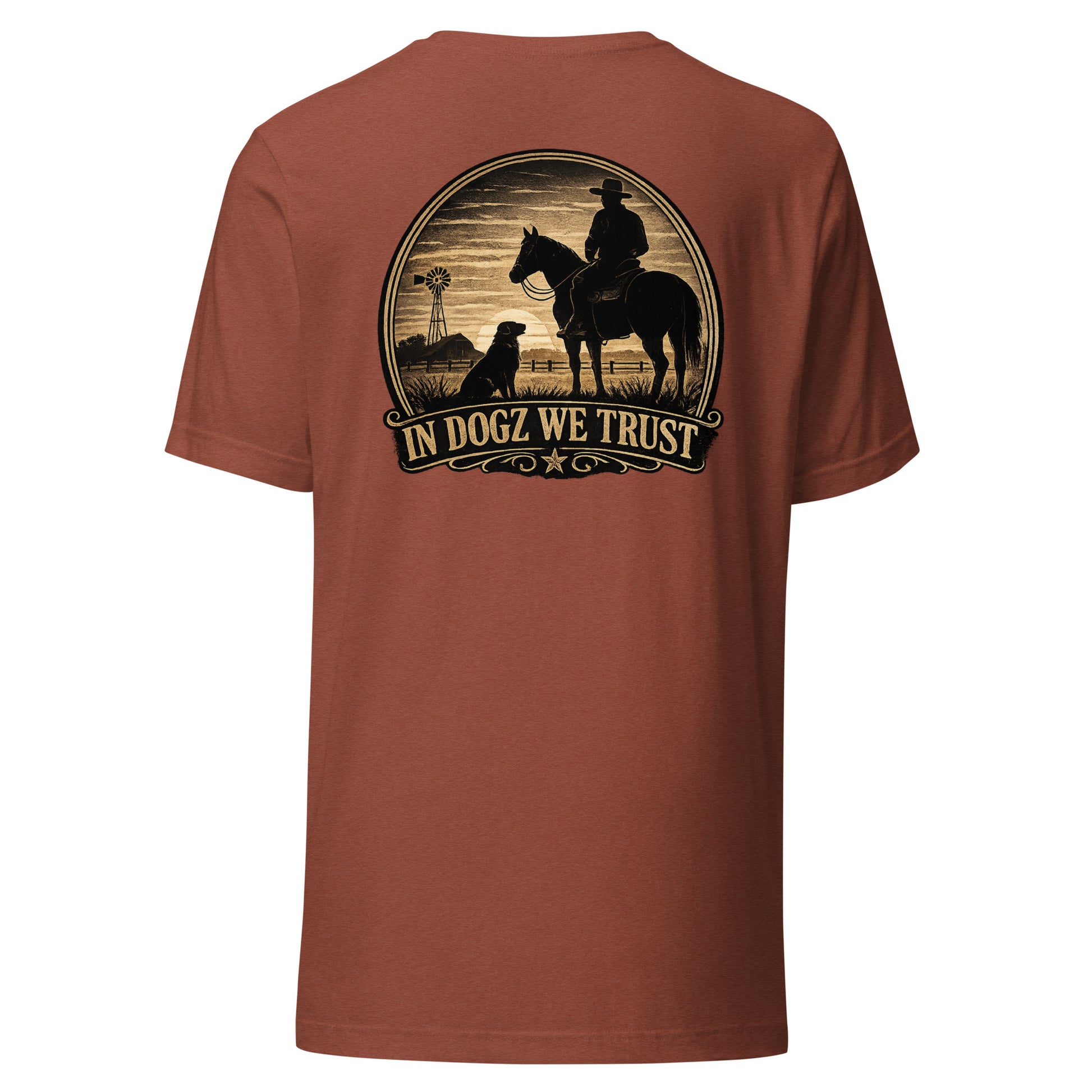 Frontier Faithful - Men's T-Shirt - Heather Clay Orange with Horse Rider and Dog Design - In Dogz We Trust - Back View