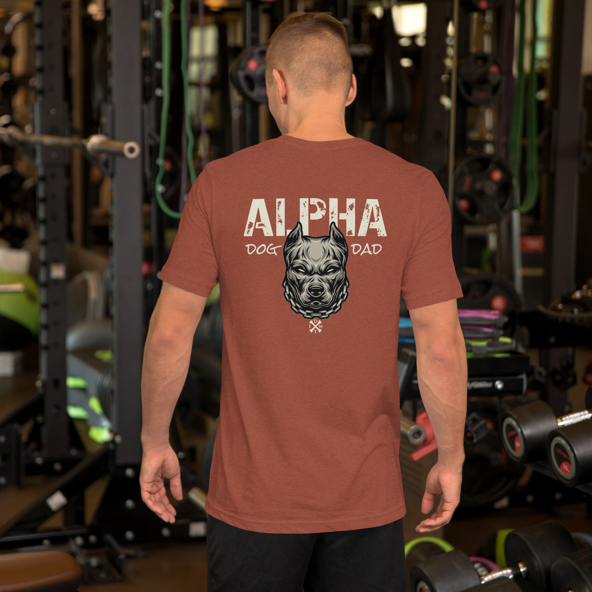 Alpha Dog Dad - Heather Clay Orange with Bull Dog Design - Men's T-Shirt - In Dogz We Trust - Male Model - Back View
