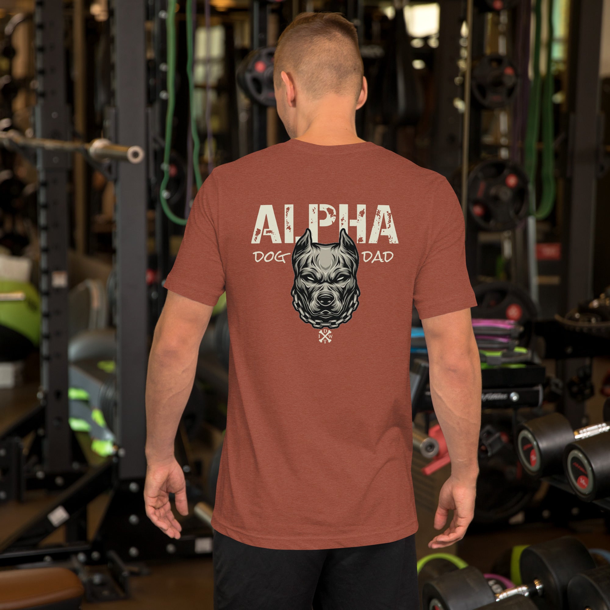 Alpha Dog Dad - Heather Clay Orange with Bull Dog Design - Men's T-Shirt - In Dogz We Trust - Male Model - Back View