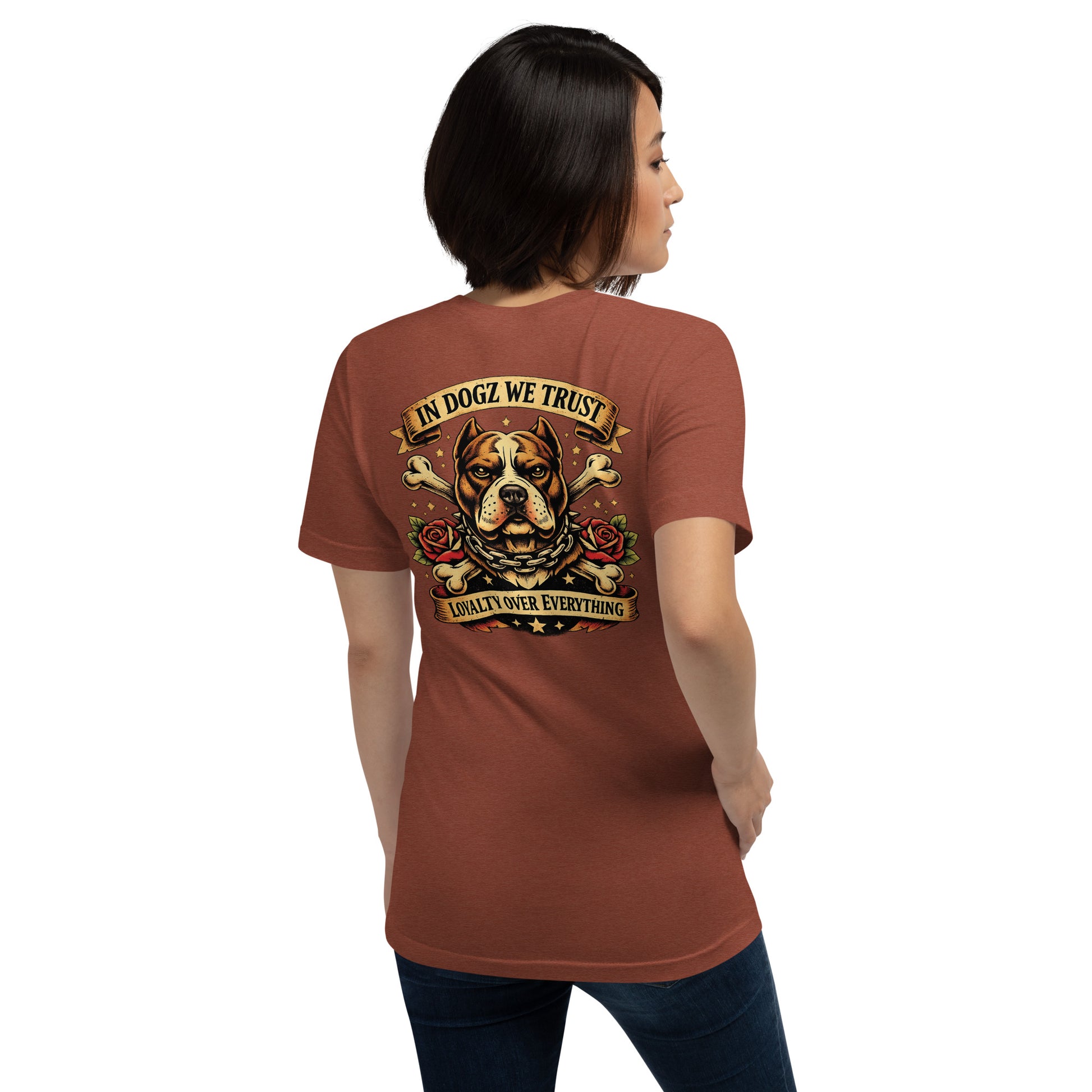 Loyalty Over Everything T-Shirt - In Dogz We Trust - Heather Clay Red with Pit Bull & Roses Design - Female Model - Back View
