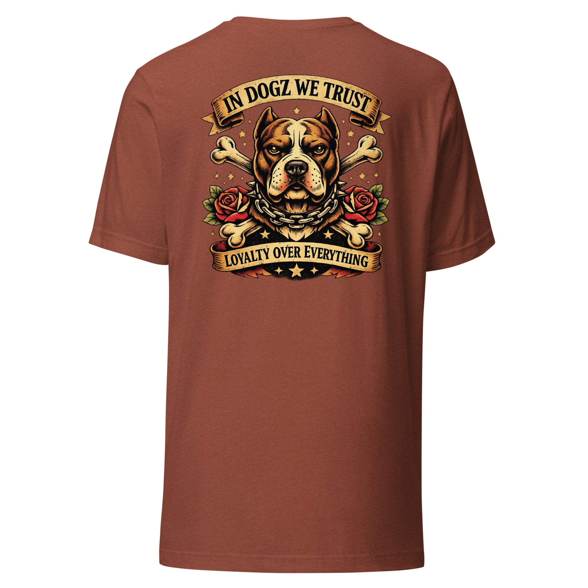Loyalty Over Everything T-Shirt - In Dogz We Trust - Heather Clay Red with Pit Bull & Roses Design - Back View