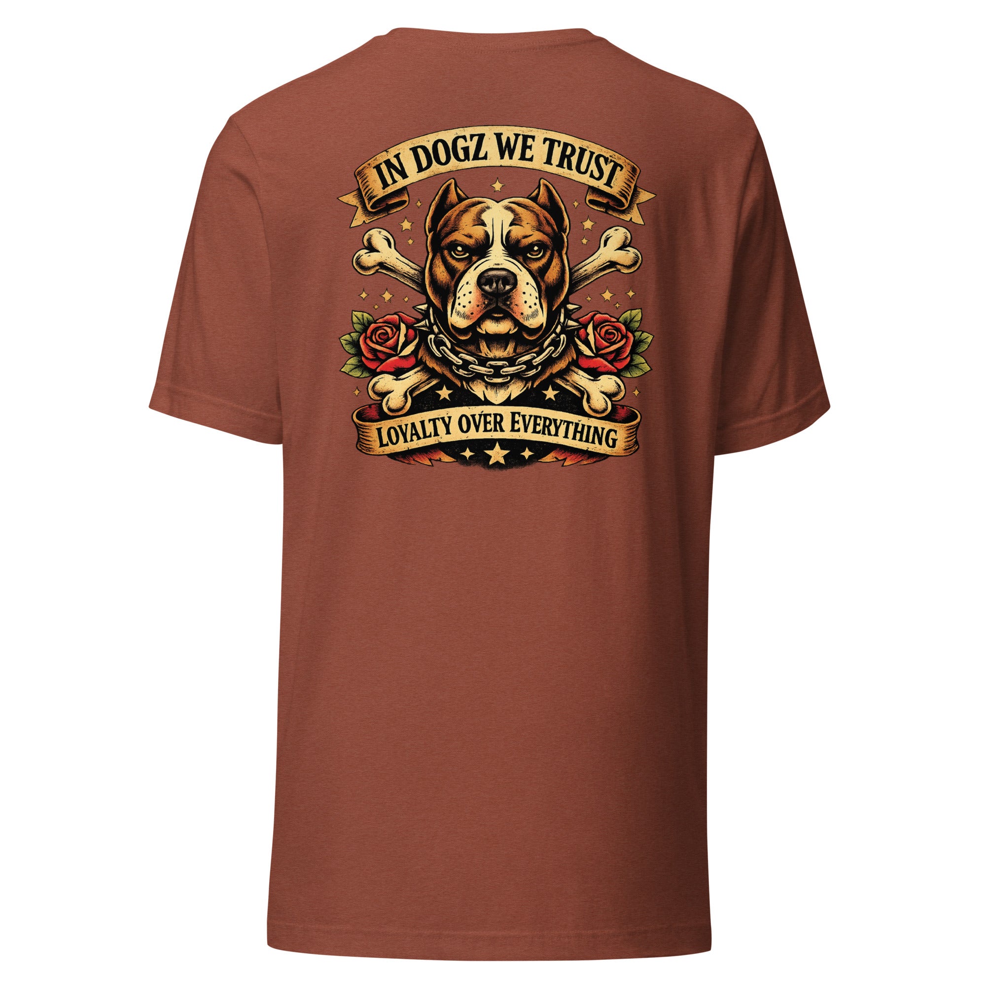 Loyalty Over Everything T-Shirt - In Dogz We Trust - Heather Clay Red with Pit Bull & Roses Design - Back View
