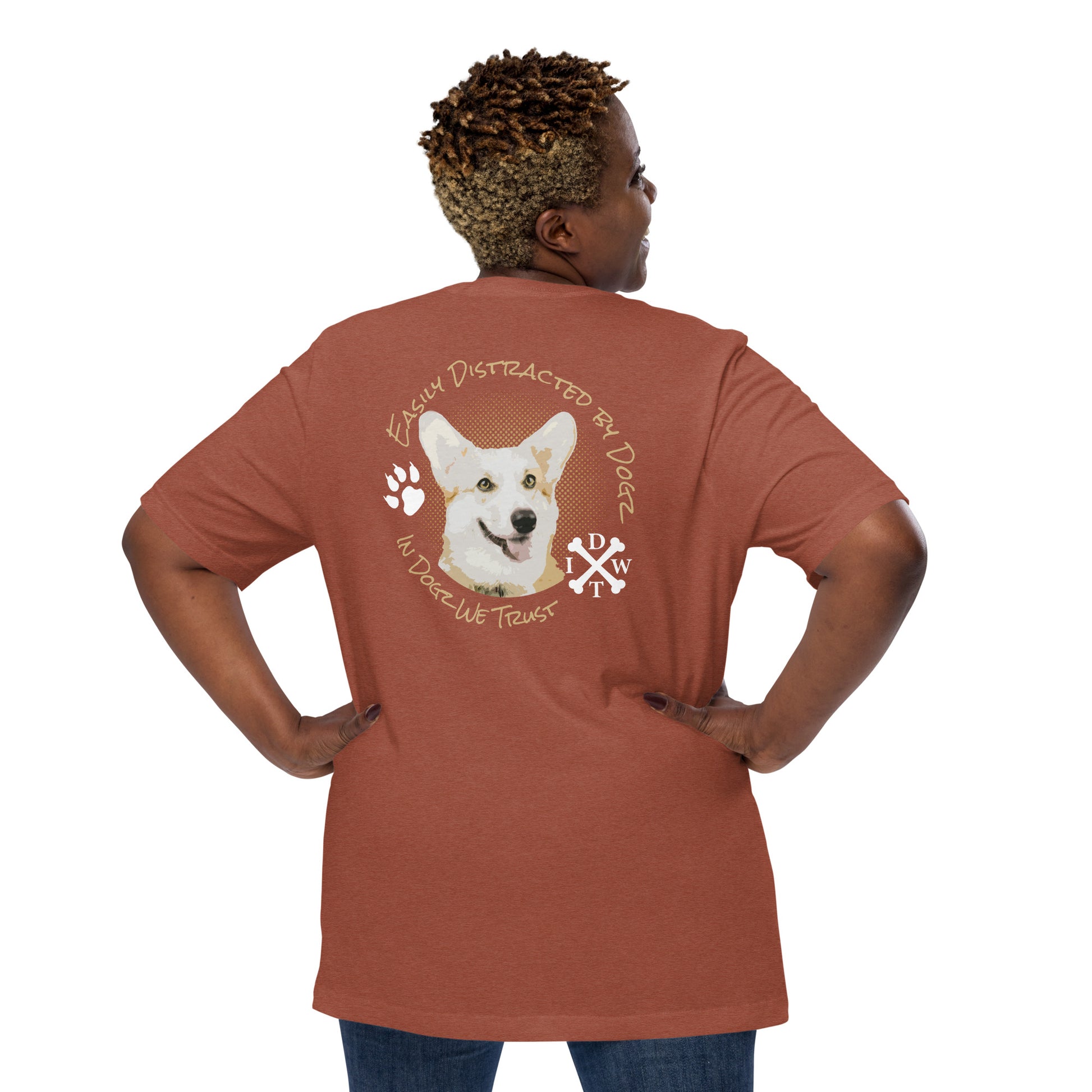 Easily Distracted By Dogs - Unisex T-Shirt - Autumn / Orange - In Dogz We Trust - Plus Size Female Model - Back View