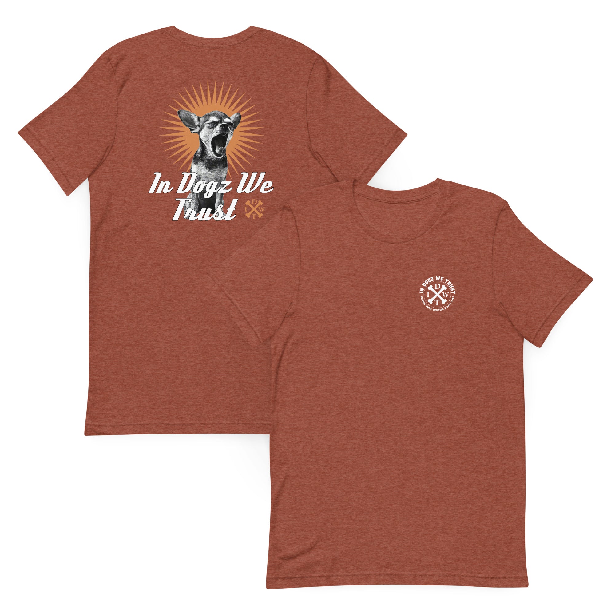 Perro Loco - Unisex T-Shirt - Heather Clay Orange with Chihuahua Design - In Dogz We Trust - Front & Back View