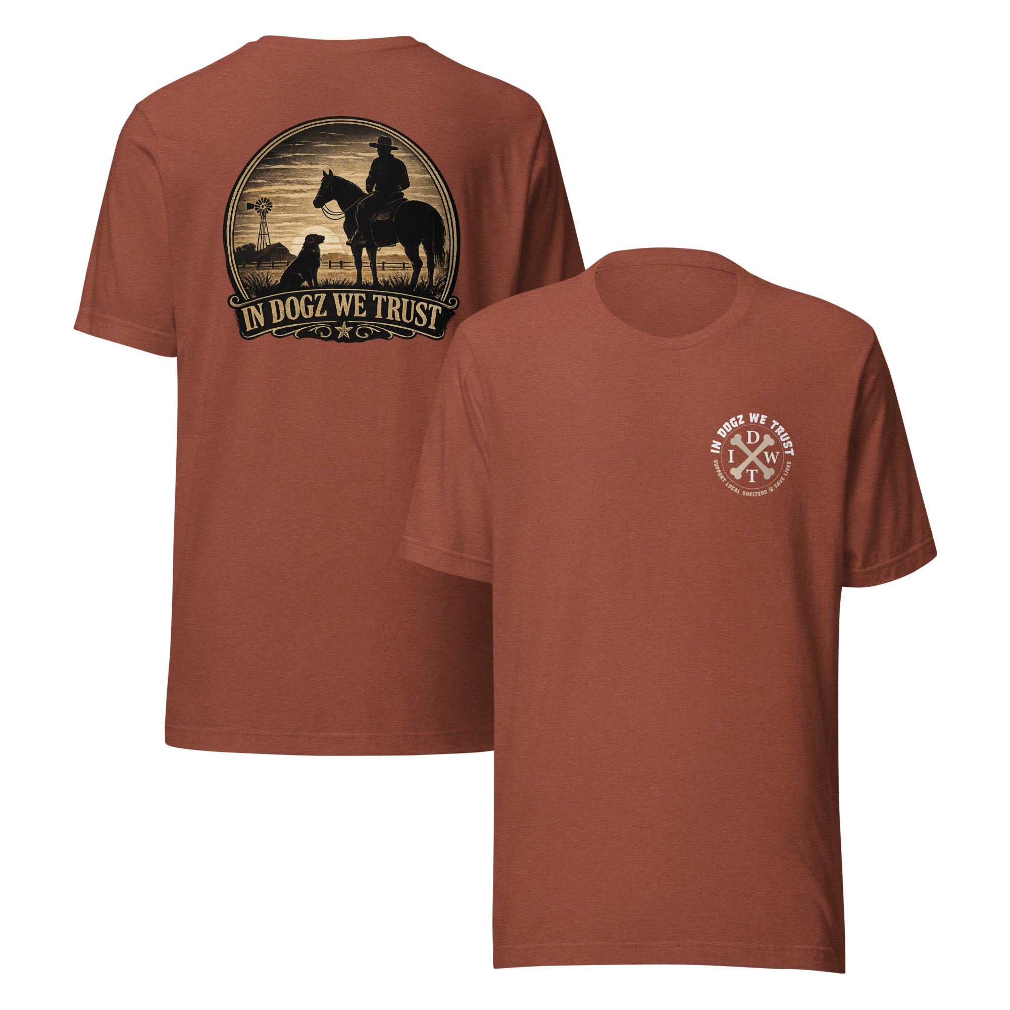 Frontier Faithful - Men's T-Shirt - Heather Clay Orange with Horse Rider and Dog Design - In Dogz We Trust - Front & Back View