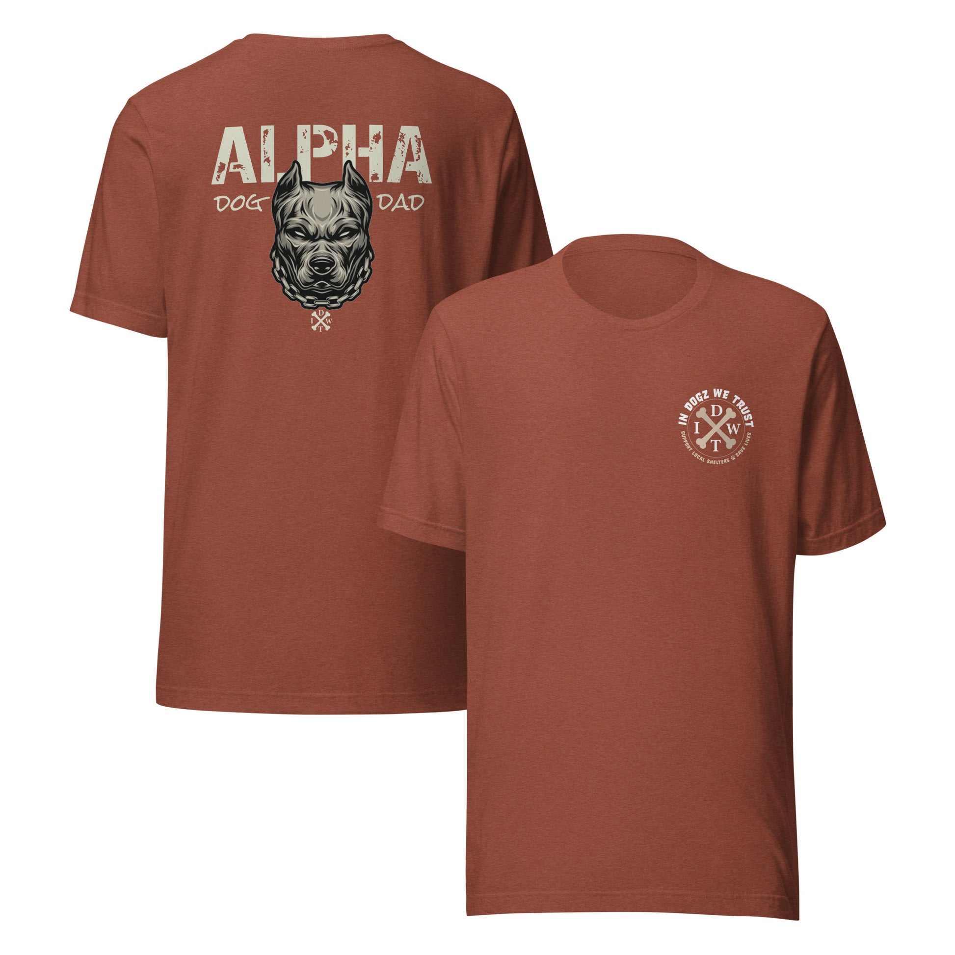 Alpha Dog Dad - Heather Clay Orange with Bull Dog Design - Men's T-Shirt - In Dogz We Trust - Front & Back View