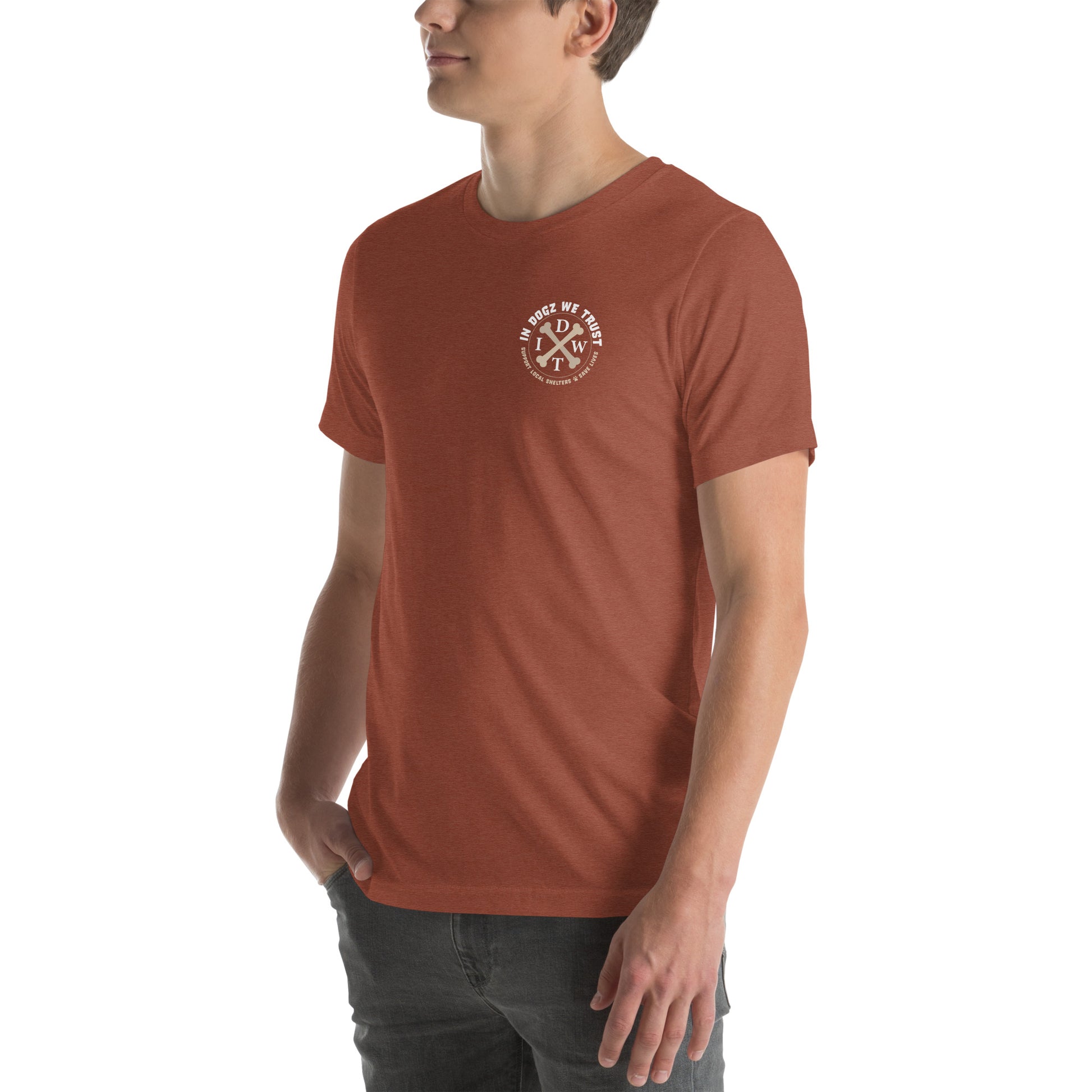 Frontier Faithful - Men's T-Shirt - Heather Clay Orange with Horse Rider and Dog Design - In Dogz We Trust - Male Model - Back View