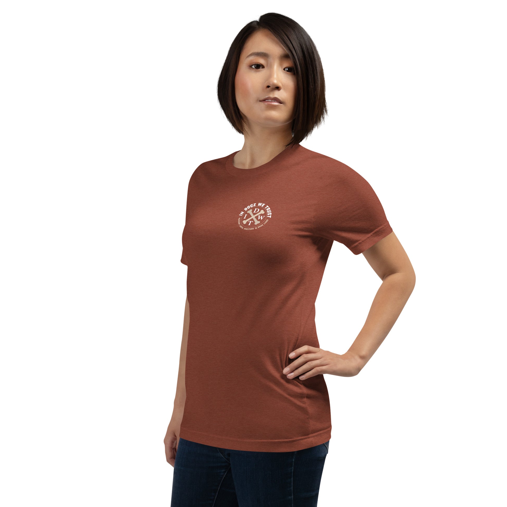 Easily Distracted By Dogs - Unisex T-Shirt - Heather Clay - In Dogz We Trust - Female Model - Front View