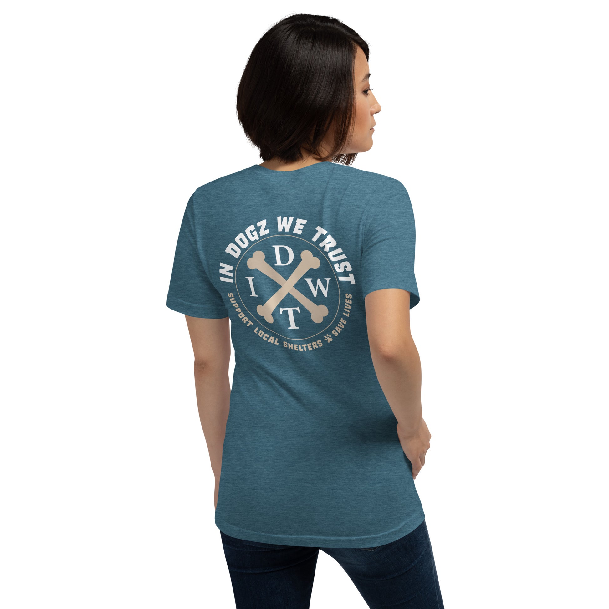 In Dogz We Trust - Crossbones Unisex T-Shirt - Heather Deep Teal - Female Model - Back View