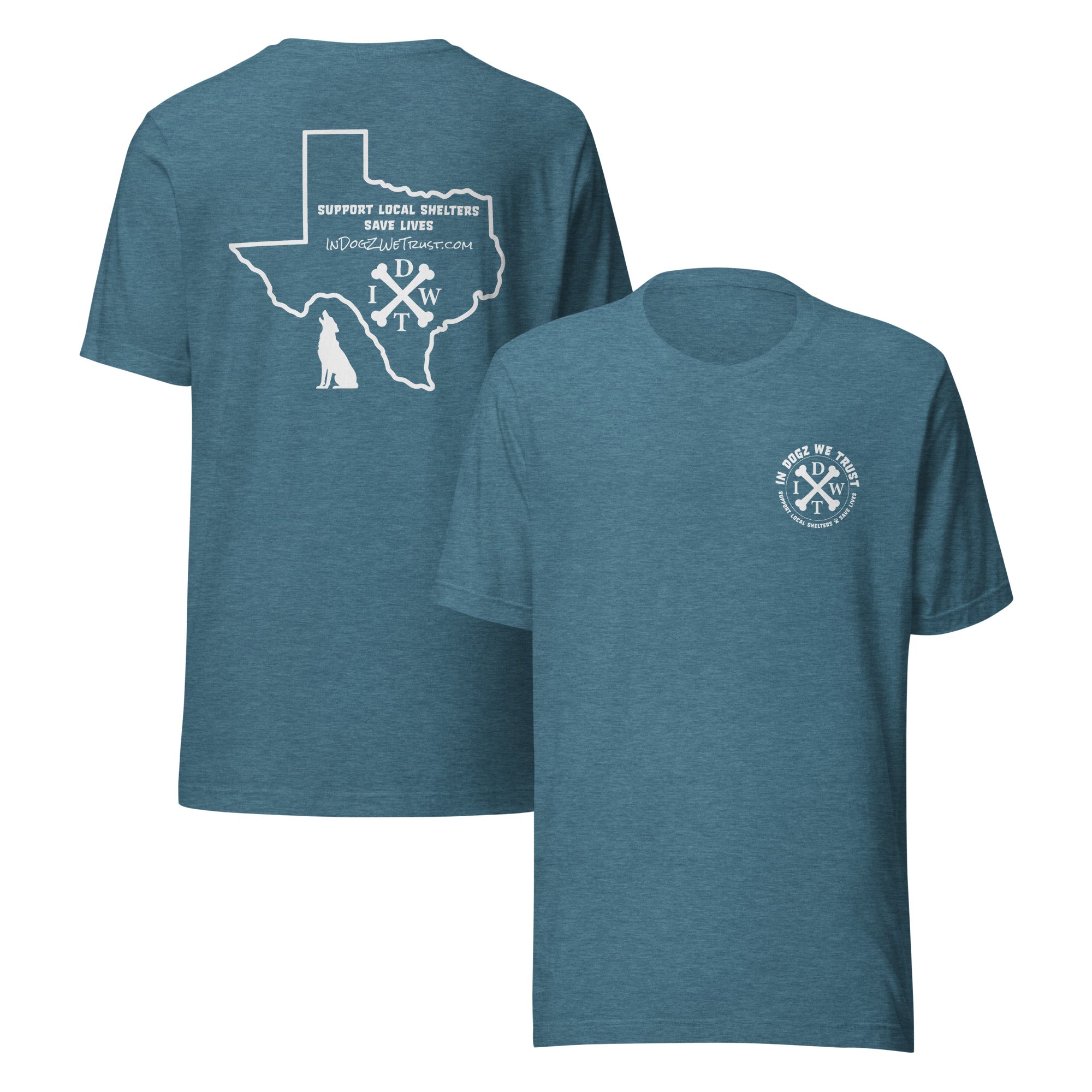 TX Support Local Dog Shelters T-shirt - Slate Blue - In Dogz We Trust - Front & Back View