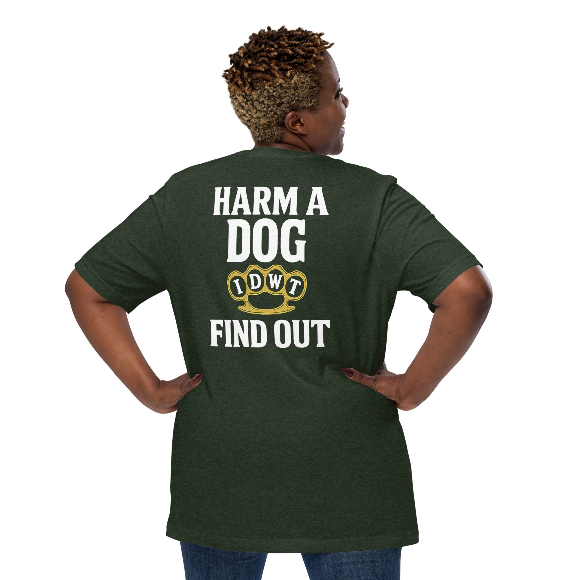 Harm a Dog & Find Out - Heather Emerald Unisex T-Shirt - In Dogz We Trust - Plus Size Female Model - Back View