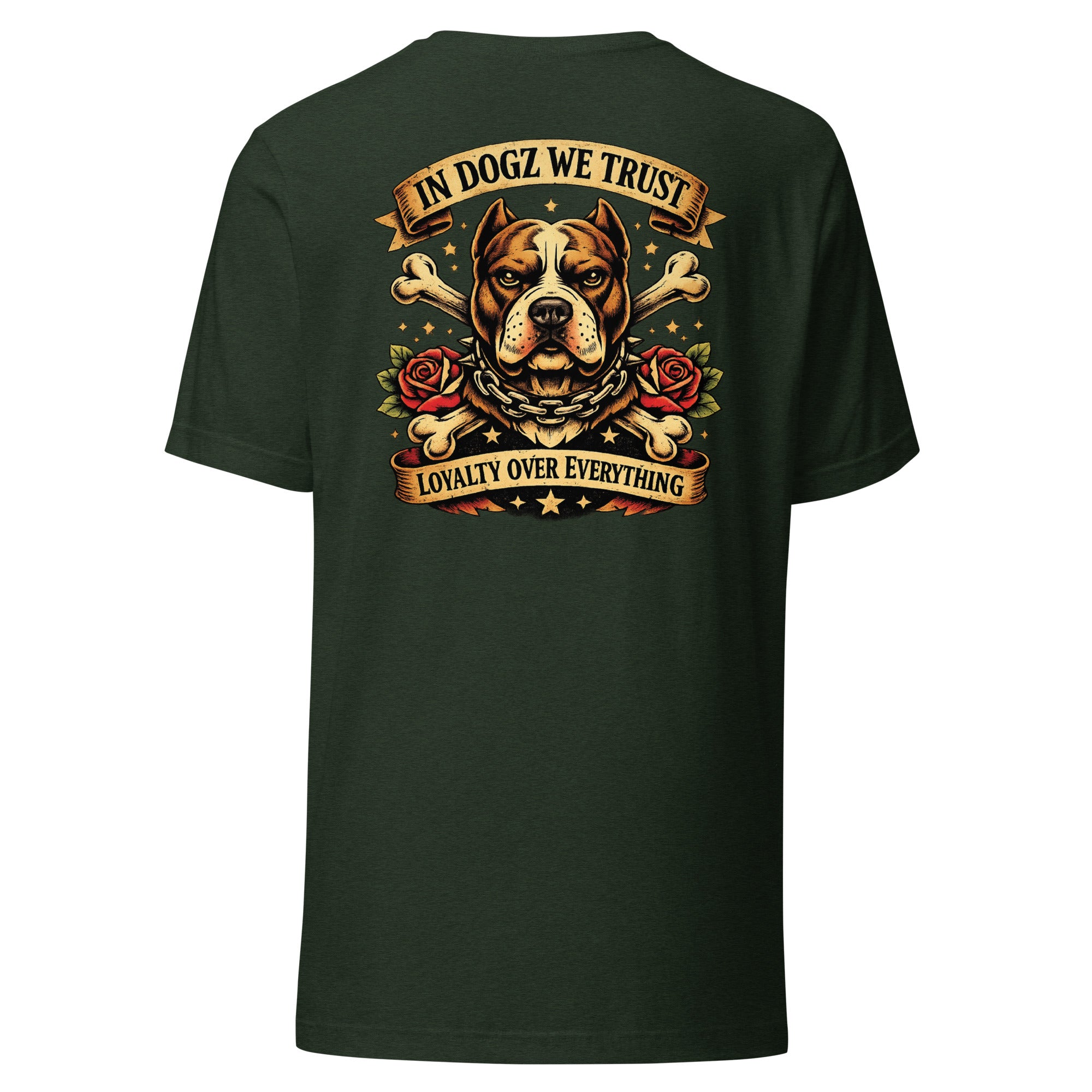 Loyalty Over Everything T-Shirt - In Dogz We Trust - Heather Emerald with Pit Bull & Roses Design - Back View