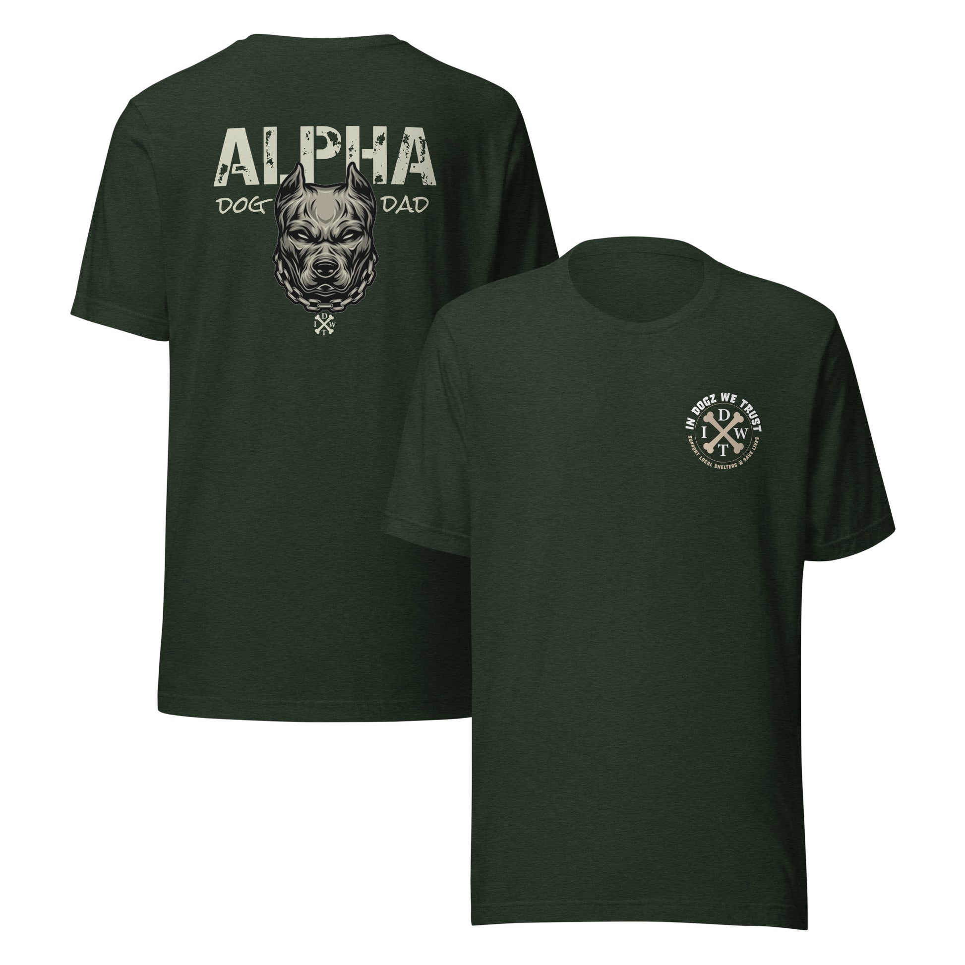 Alpha Dog Dad - Heather Emerald with Bull Dog Design - Men's T-Shirt - In Dogz We Trust - Front & Back View