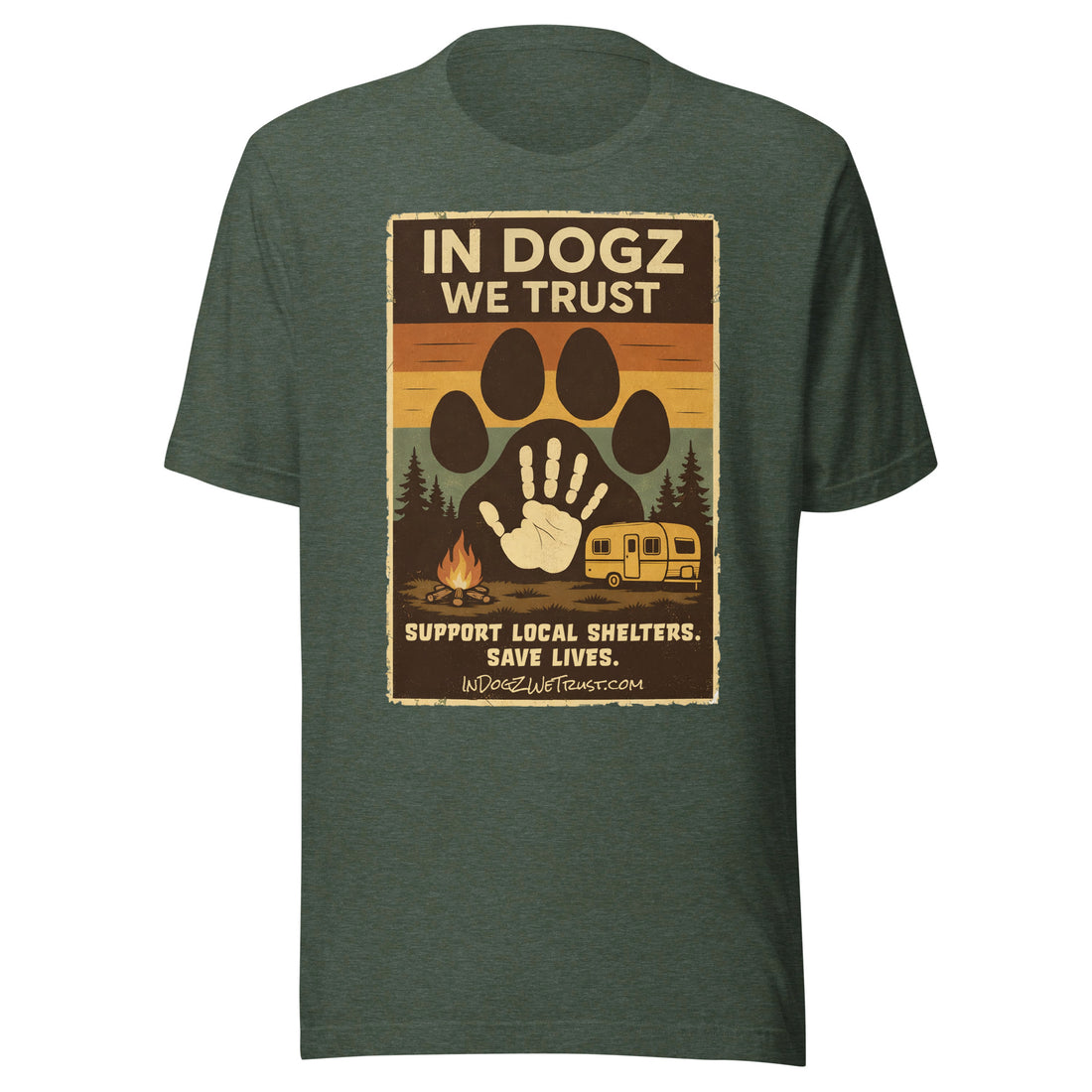 Paws for a Cause Tee - Heather Forest with Dog Paw Camping Design - In Dogz We Trust