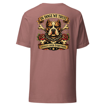 Loyalty Over Everything T-Shirt - In Dogz We Trust - Heather Mauve with Pit Bull & Roses Design - Back View