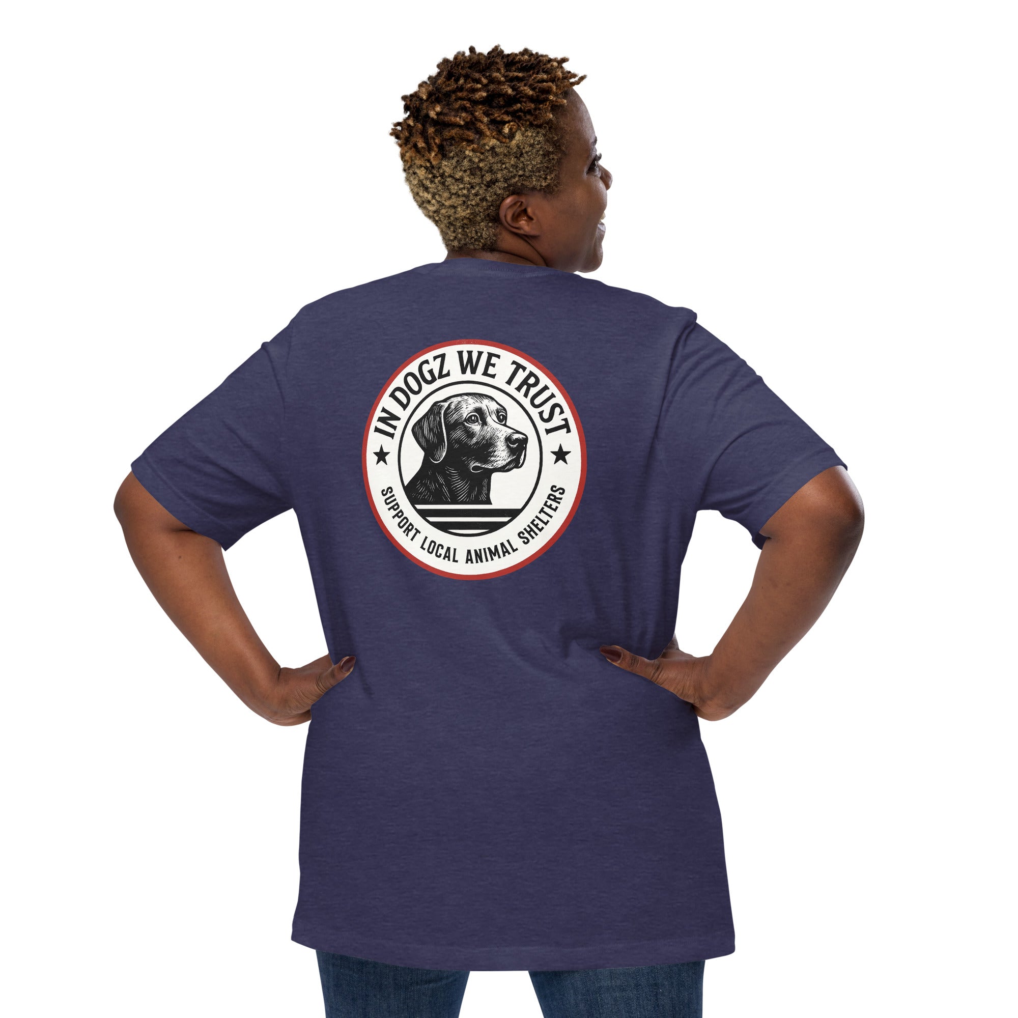 The Duke - Labrador Rescue Unisex T-Shirt - Midnight Navy Color - In Dogz We Trust - Plus Size Female Model