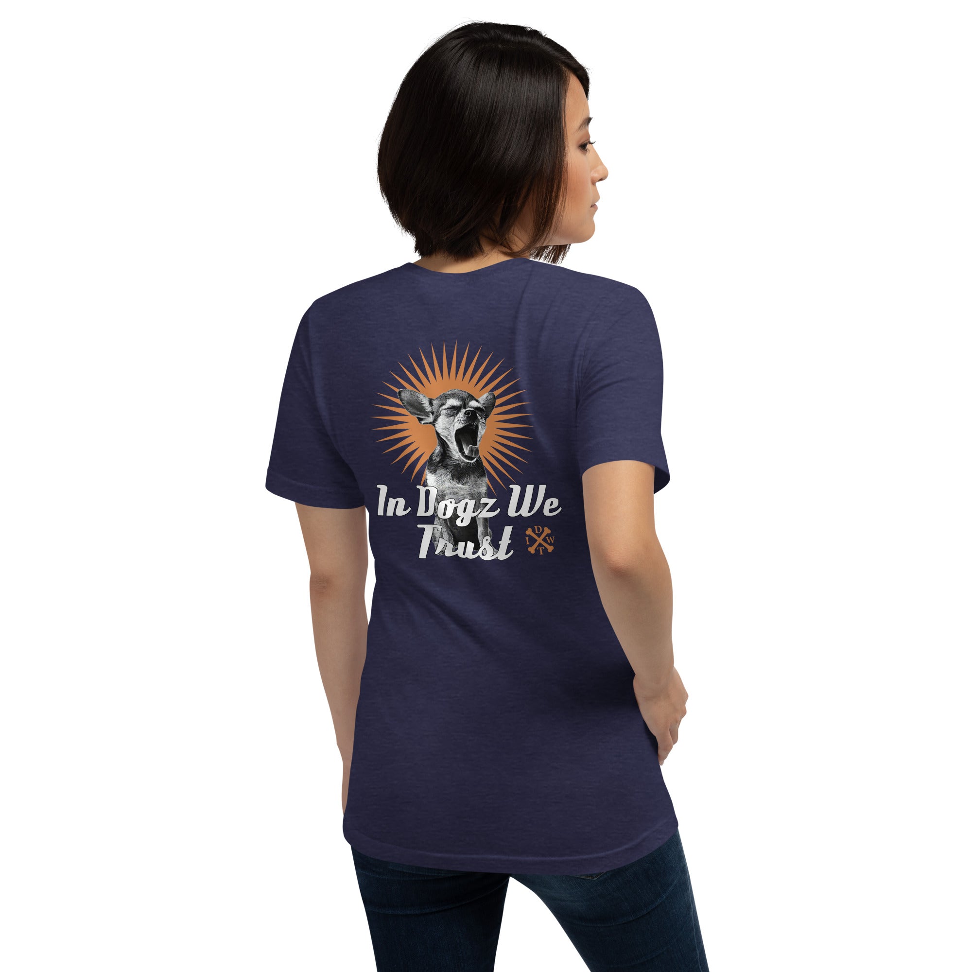 Perro Loco - Unisex T-Shirt - Heather Midnight Navy with Chihuahua Design - In Dogz We Trust - Female Model - Back View