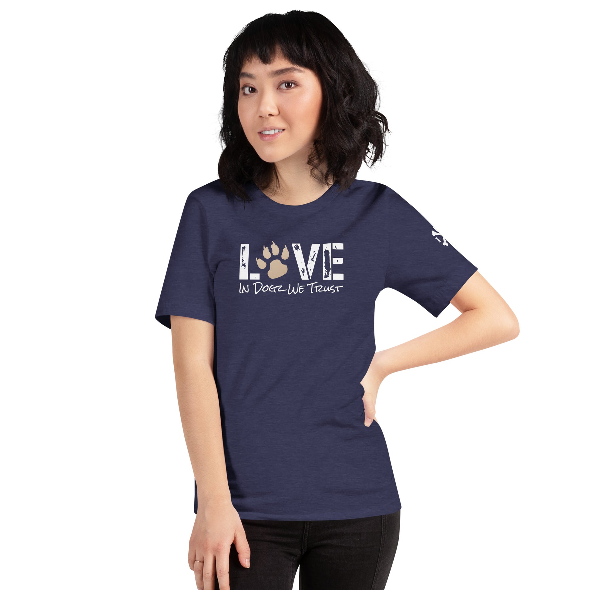 Life Is Better In A Pack - Unisex T-shirt - Heather Midnight Navy - In Dogz We Trust - Female Model - Front View