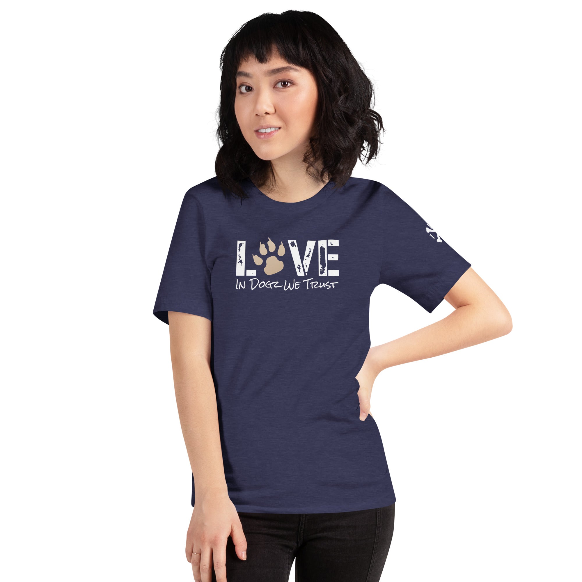 Life Is Better In A Pack - Unisex T-shirt - Heather Midnight Navy - In Dogz We Trust - Female Model - Front View