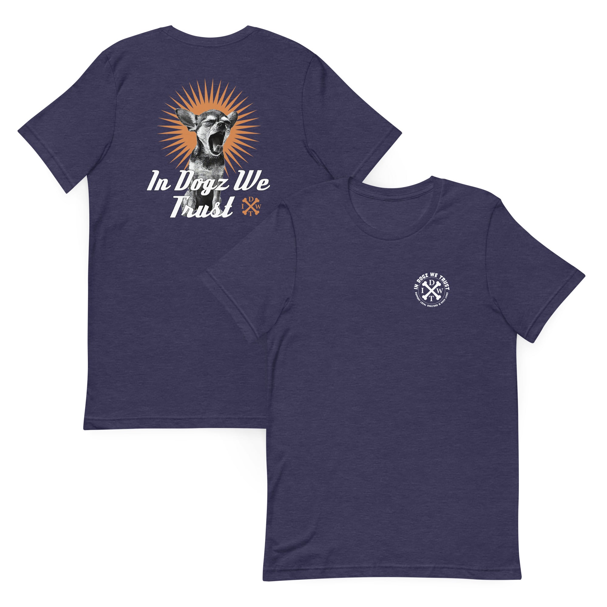 Perro Loco - Unisex T-Shirt - Heather Midnight Navy with Chihuahua Design - In Dogz We Trust - Front & Back View