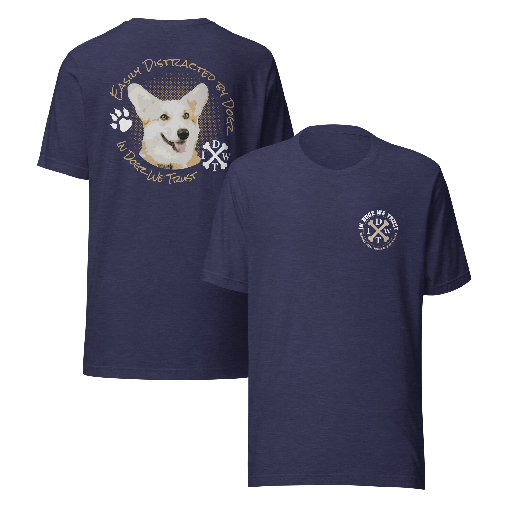 Easily Distracted By Dogs - Unisex T-Shirt - Heather Navy - In Dogz We Trust - Front & Back View