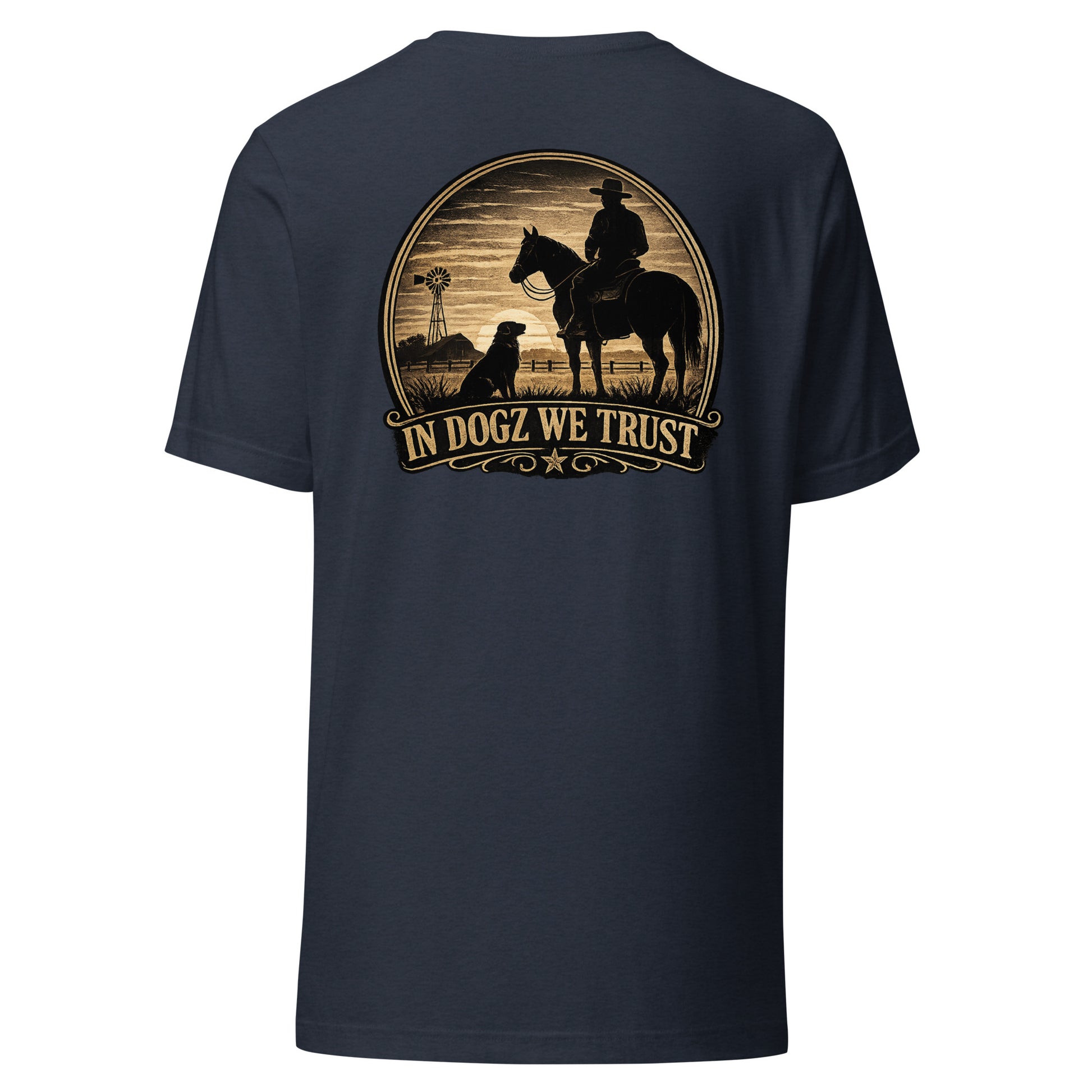 Frontier Faithful - Men's T-Shirt - Navy with Horse Rider and Dog Design - In Dogz We Trust - Back View