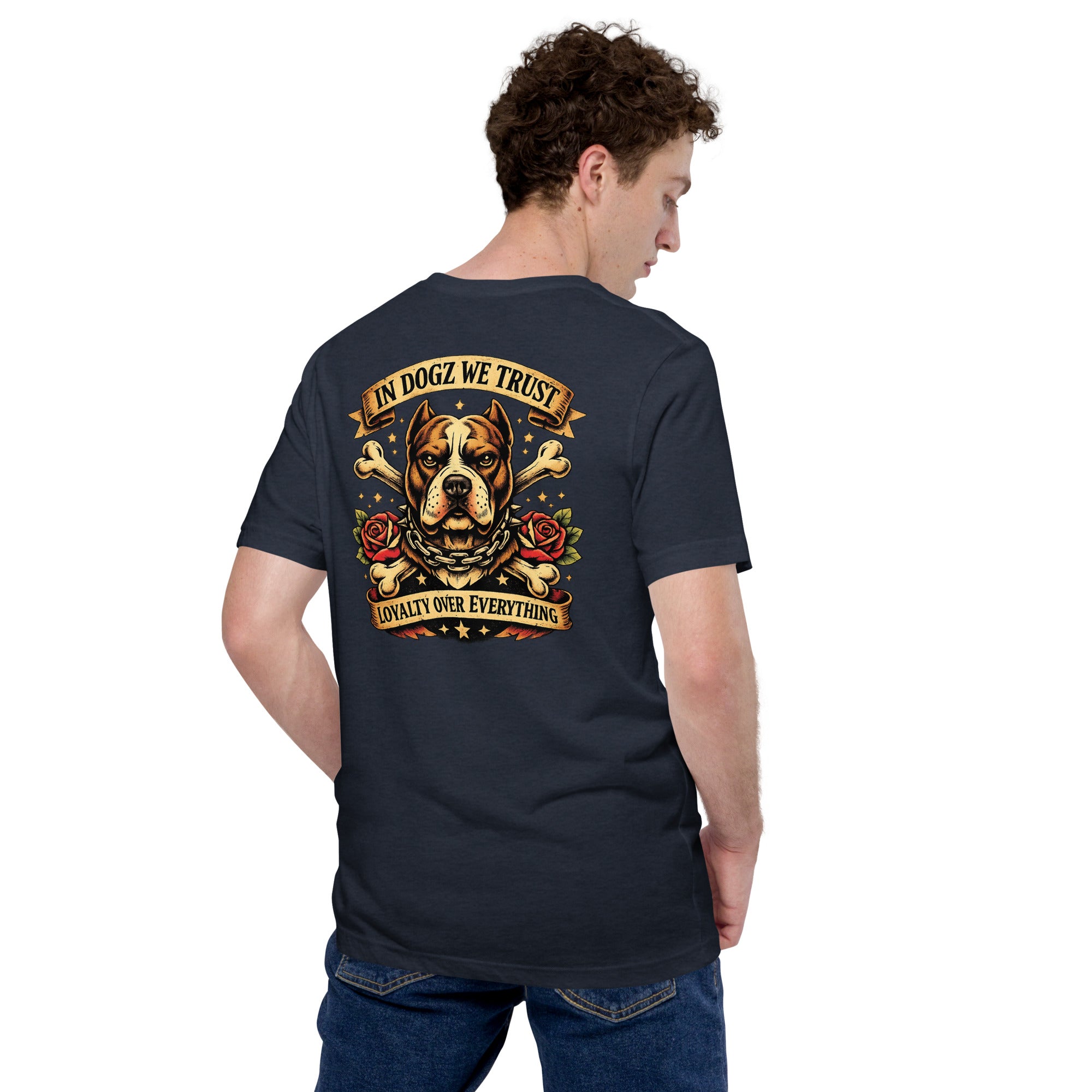 Loyalty Over Everything T-Shirt - In Dogz We Trust - Heather Navy with Pit Bull & Roses Design - Male Model - Back View