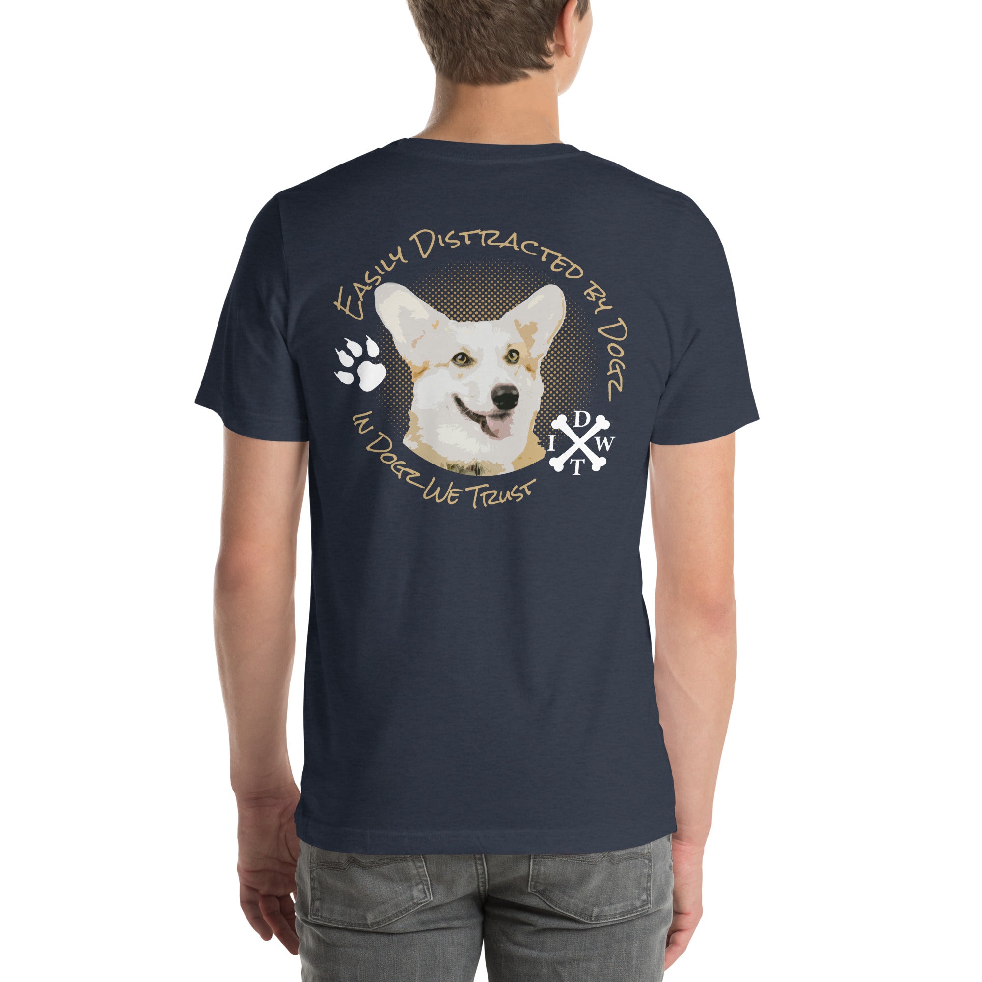 Easily Distracted By Dogs - Unisex T-Shirt - Heather Navy - In Dogz We Trust - Male Model - Back View