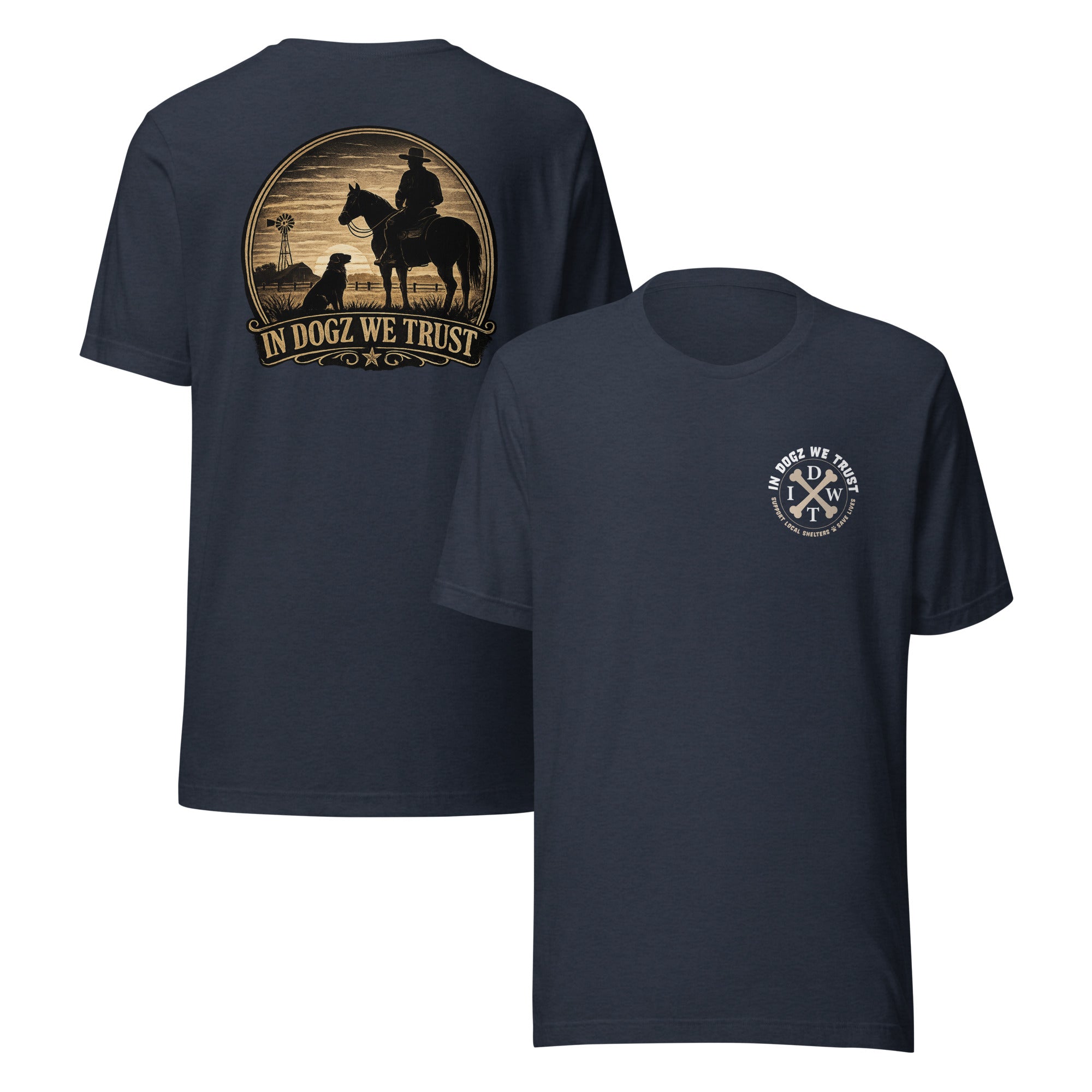 Frontier Faithful - Men's T-Shirt - Navy with Horse Rider and Dog Design - In Dogz We Trust - Front & Back View