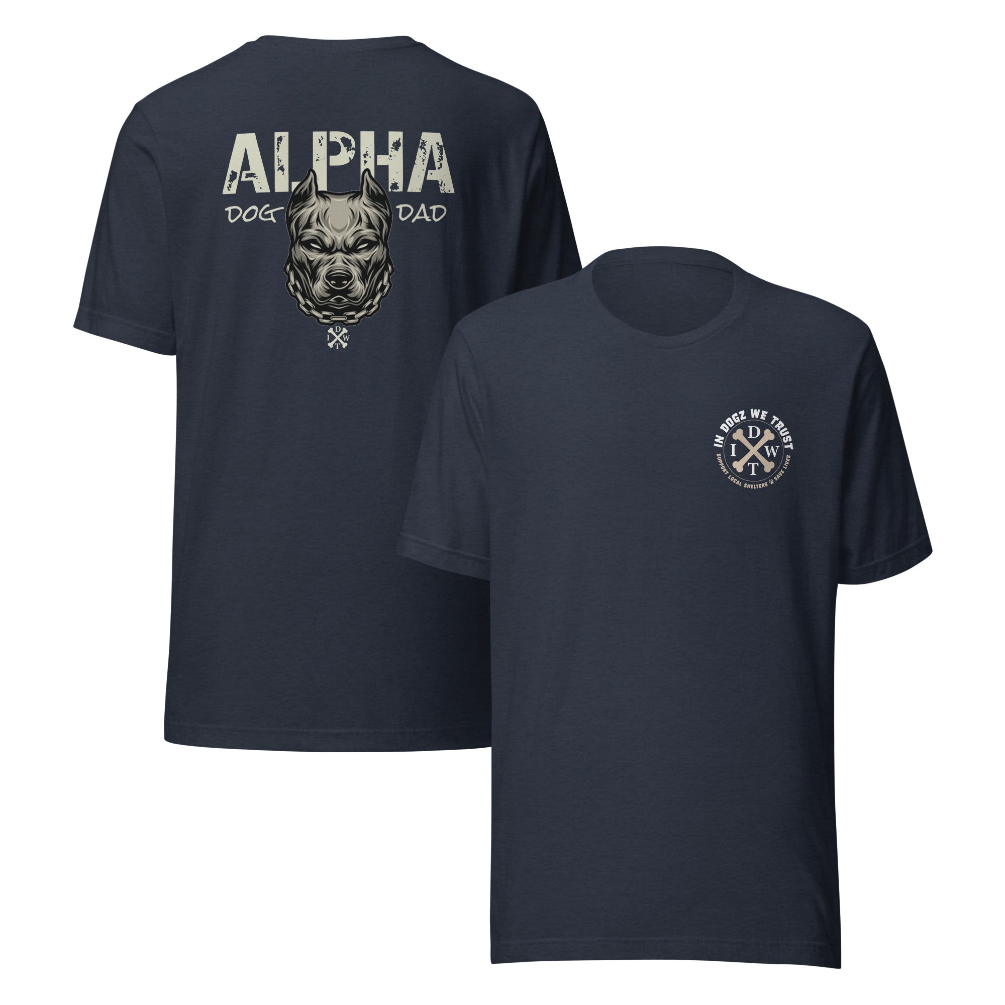Alpha Dog Dad - Heather Navy with Bull Dog Design - Men's T-Shirt - In Dogz We Trust - Front & Back View