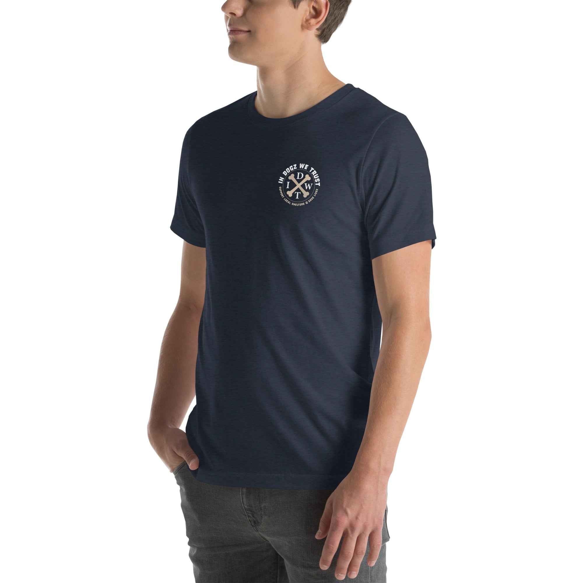 Easily Distracted By Dogs - Unisex T-Shirt - Heather Navy - In Dogz We Trust - Male Model - Back View