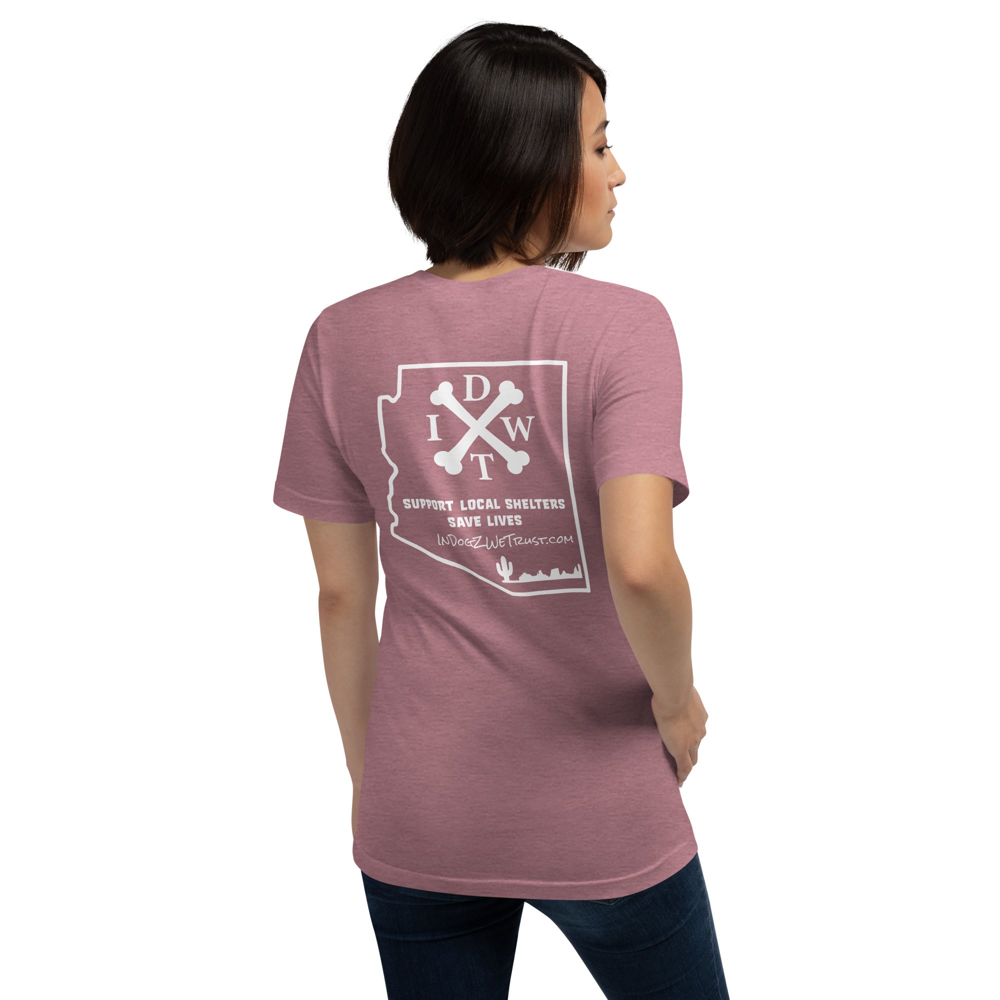AZ Support Local Shelters Tee - Unisex - Heather Orchid with White Design - In Dogz We Trust - Back View
