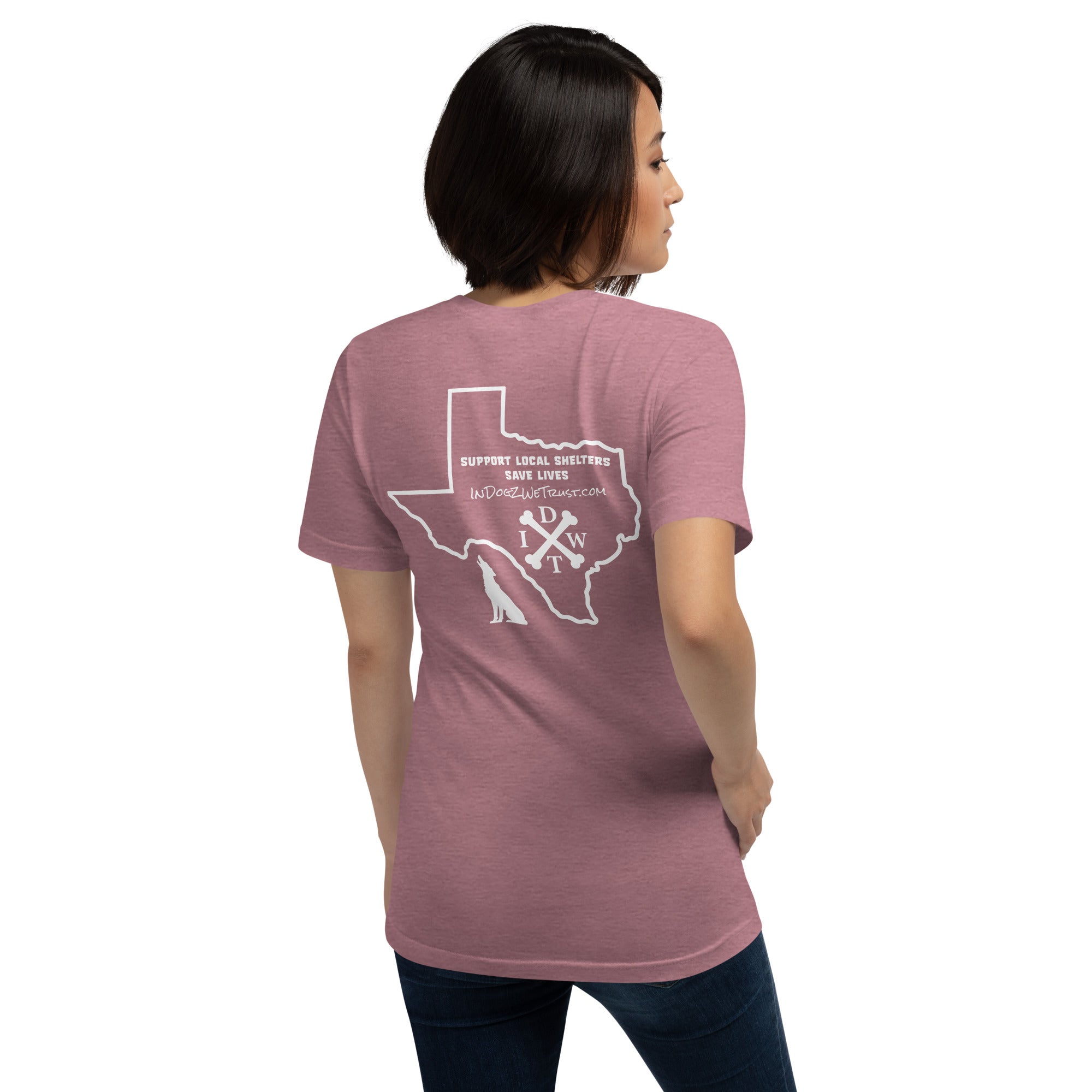 TX Support Local Dog Shelters T-shirt - Heather Orchid - In Dogz We Trust - Female Model - Back View