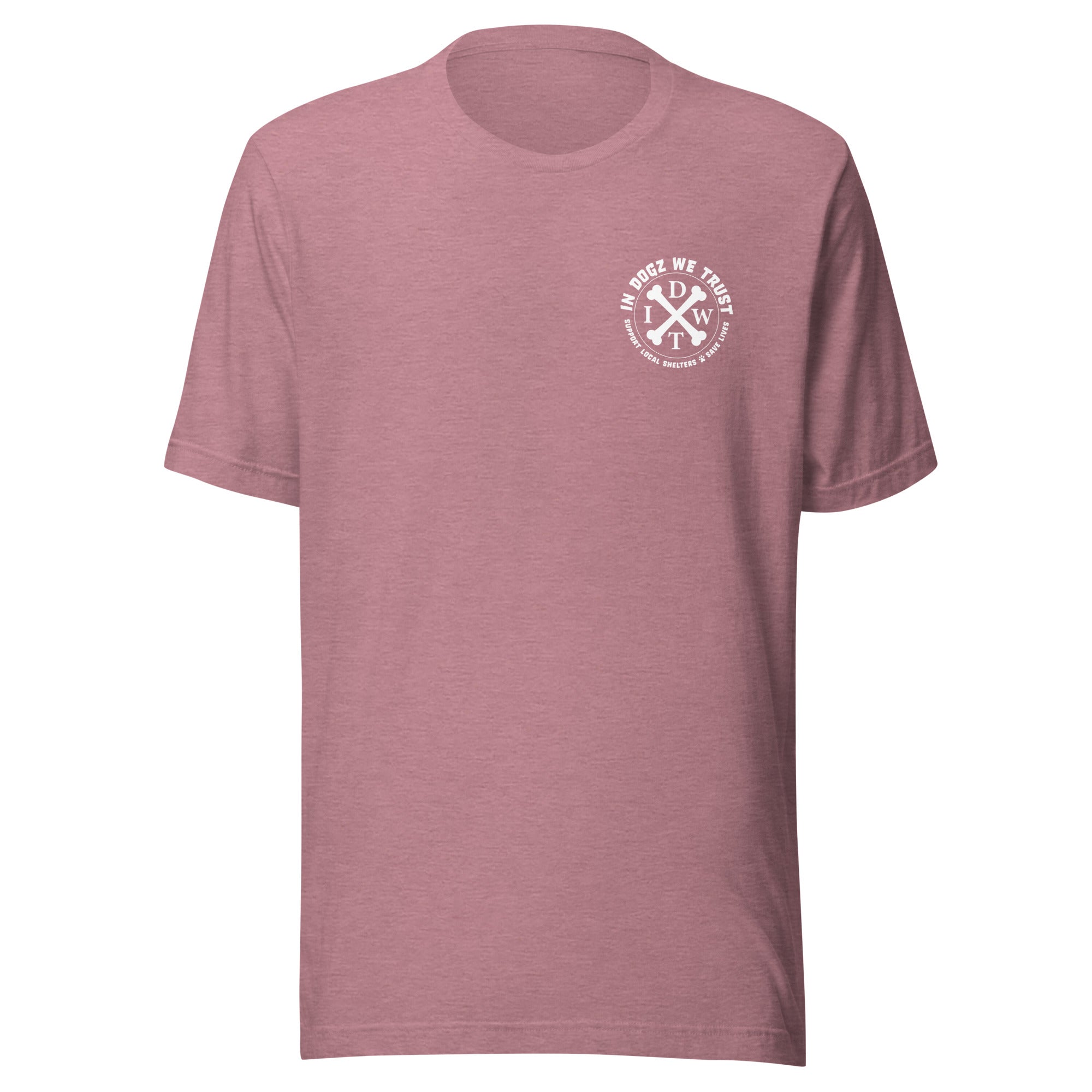 AZ Support Local Shelters Tee - Unisex - Heather Orchid with White Design - In Dogz We Trust - Front View