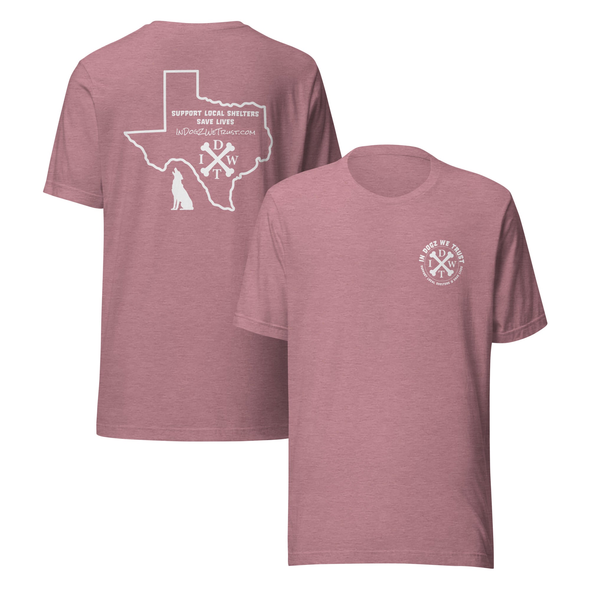 TX Support Local Dog Shelters T-shirt - Heather Orchid - In Dogz We Trust - Front & Back View